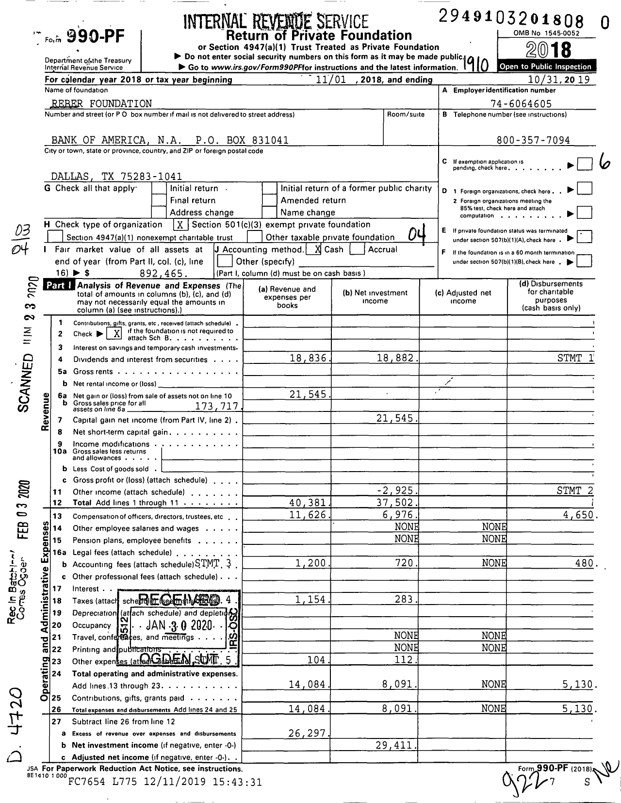 Image of first page of 2018 Form 990PR for Reber Foundation