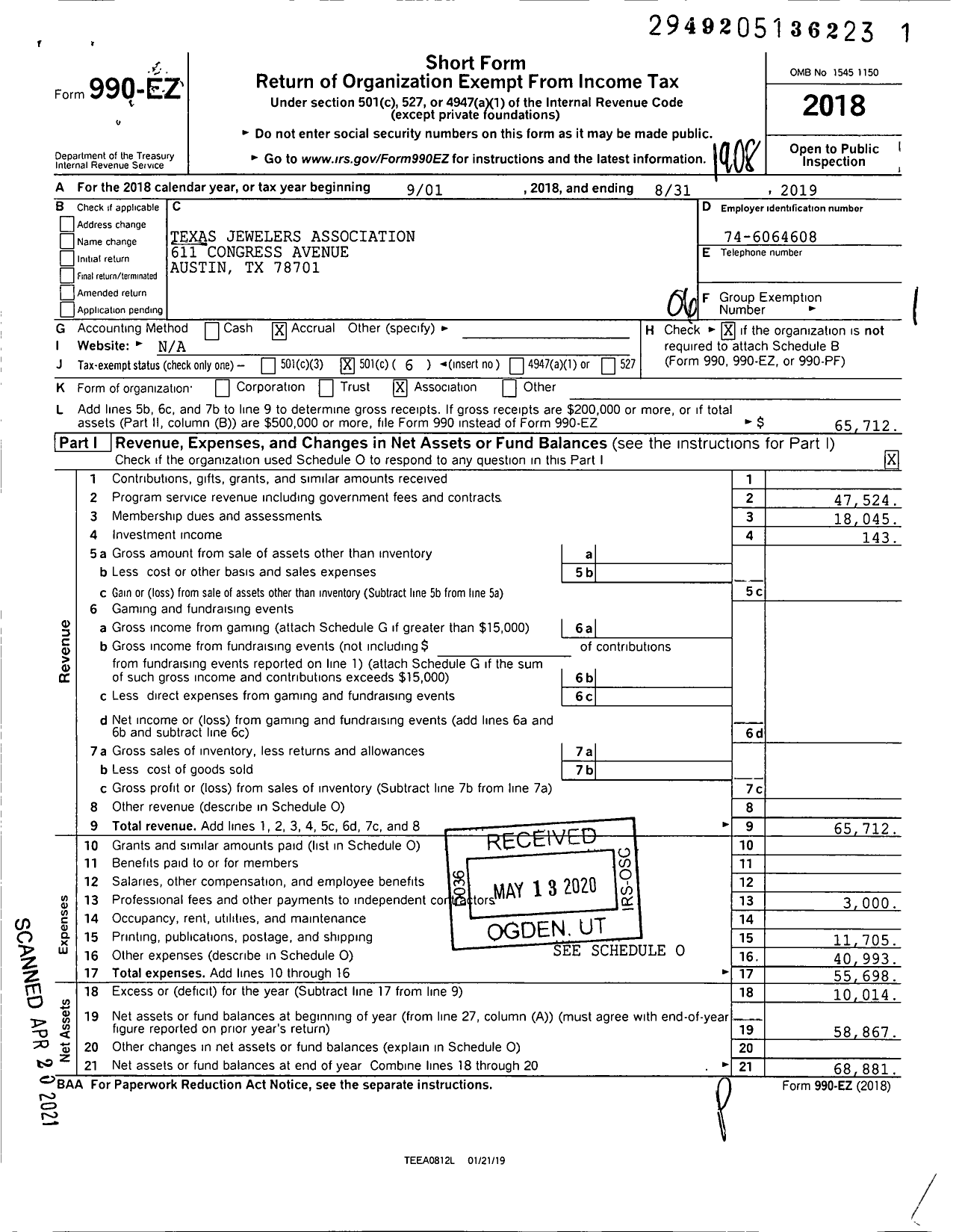 Image of first page of 2018 Form 990EO for Texas Jewelers Association