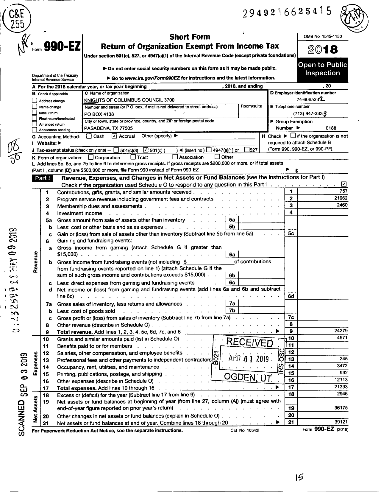 Image of first page of 2018 Form 990EO for Knights of Columbus - 3700 Monsignor A L Oconnell Council