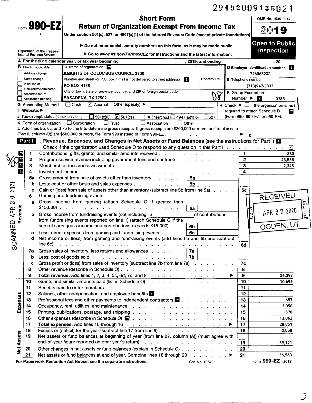 Image of first page of 2019 Form 990EO for Knights of Columbus - 3700 Monsignor A L Oconnell Council