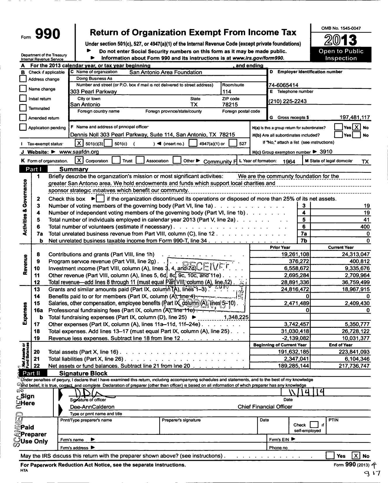 Image of first page of 2013 Form 990 for San Antonio Area Foundation