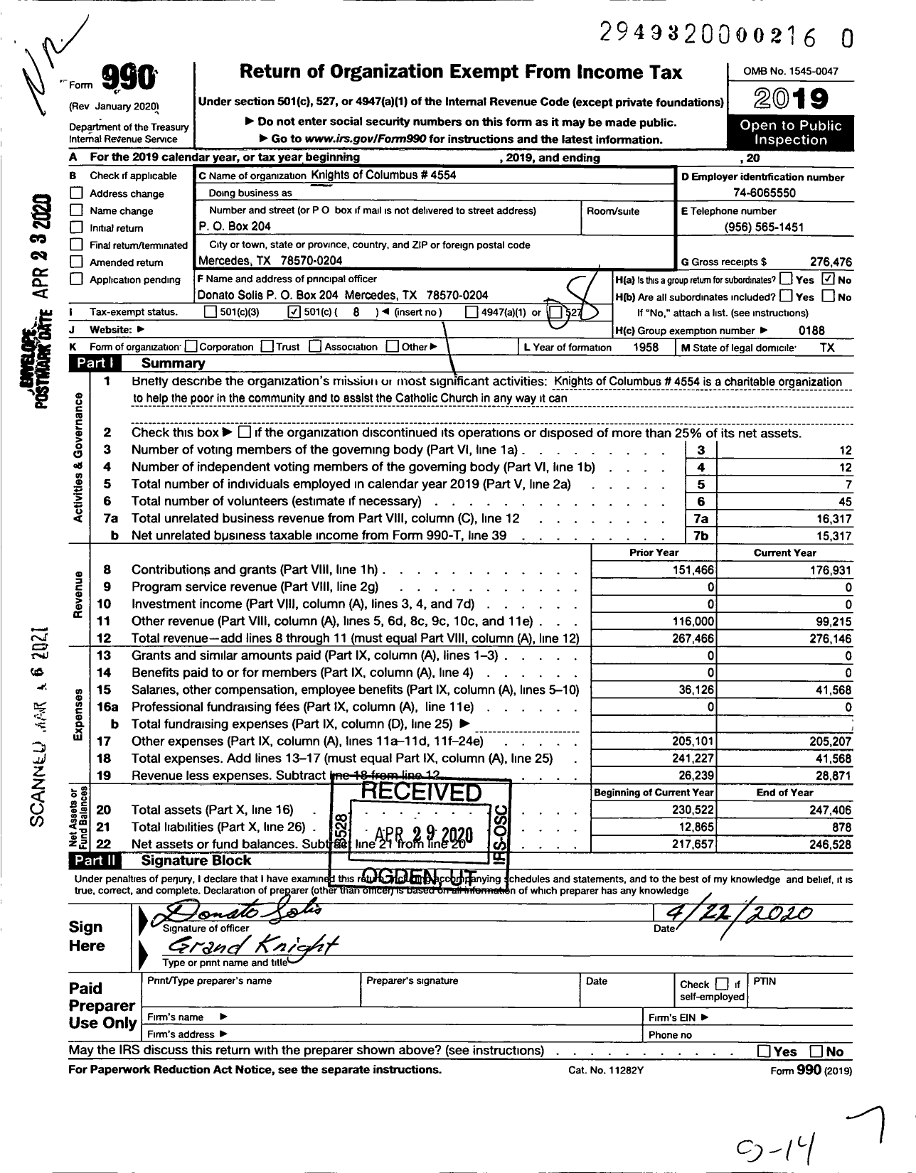 Image of first page of 2019 Form 990O for Knights of Columbus 4554