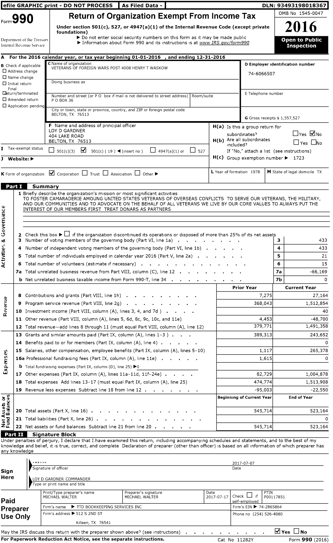 Image of first page of 2016 Form 990O for Texas VFW - 4008 Henry T Waskow