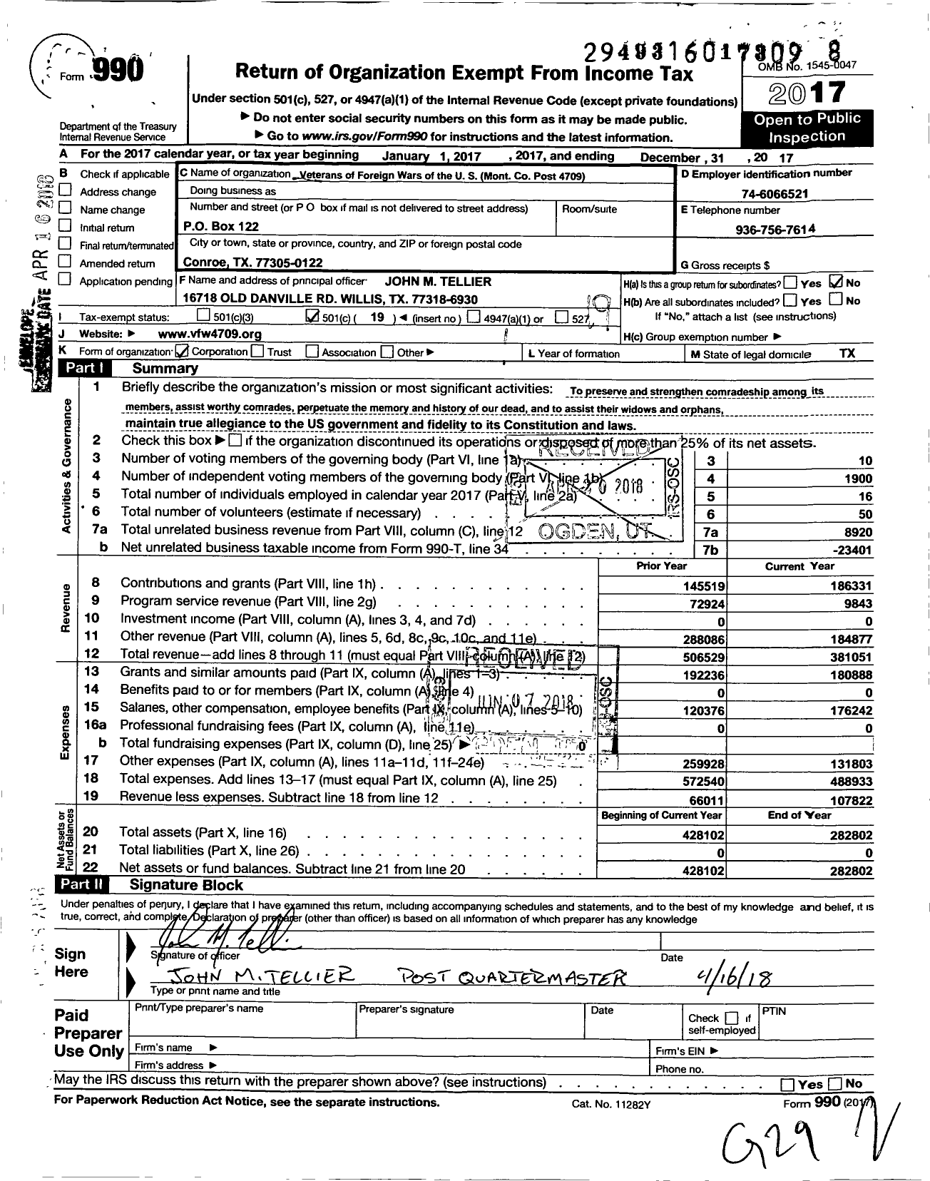 Image of first page of 2017 Form 990O for Texas VFW - VFW Post 4709