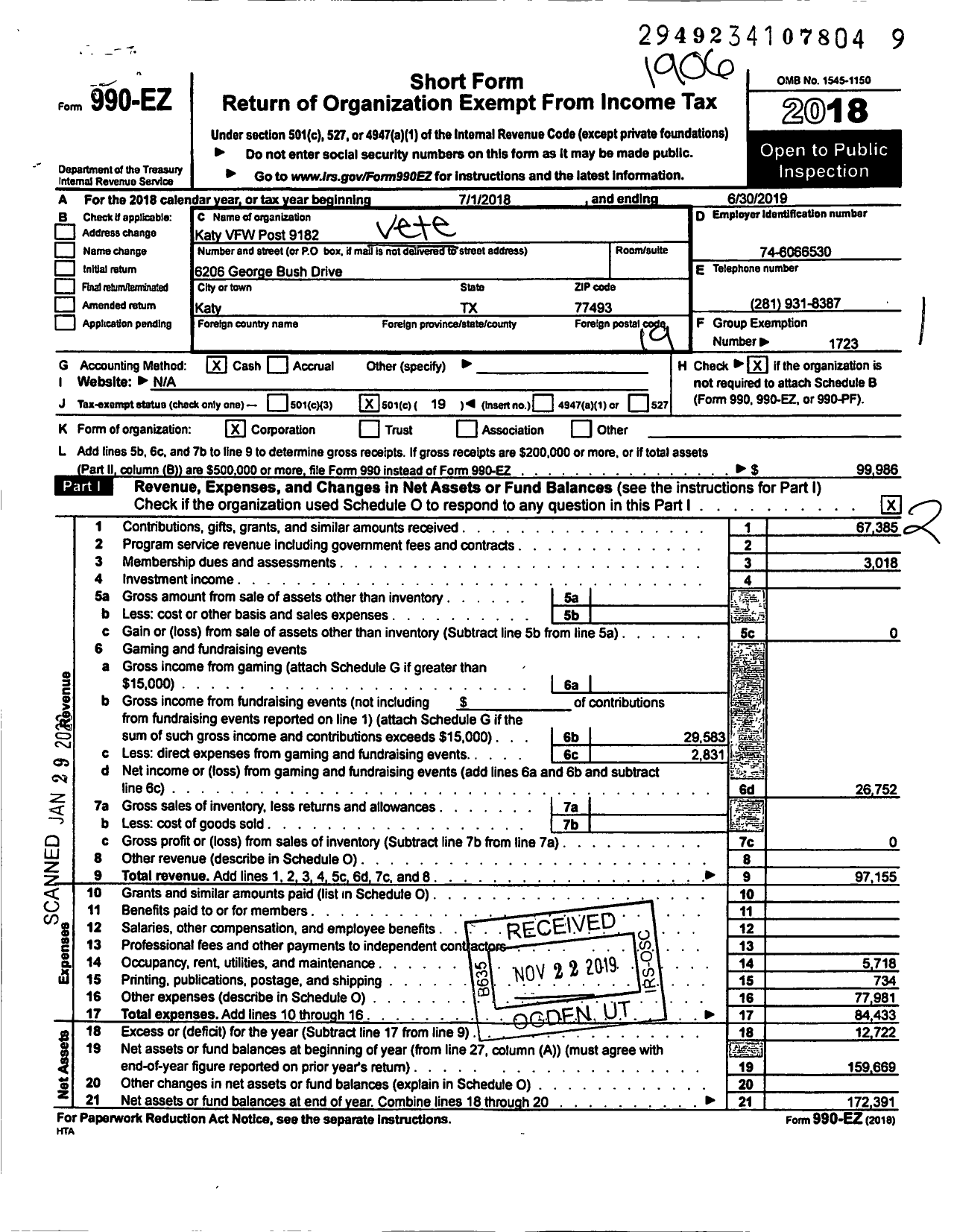 Image of first page of 2018 Form 990EO for Texas VFW - 9182 Floyd E Breedlove