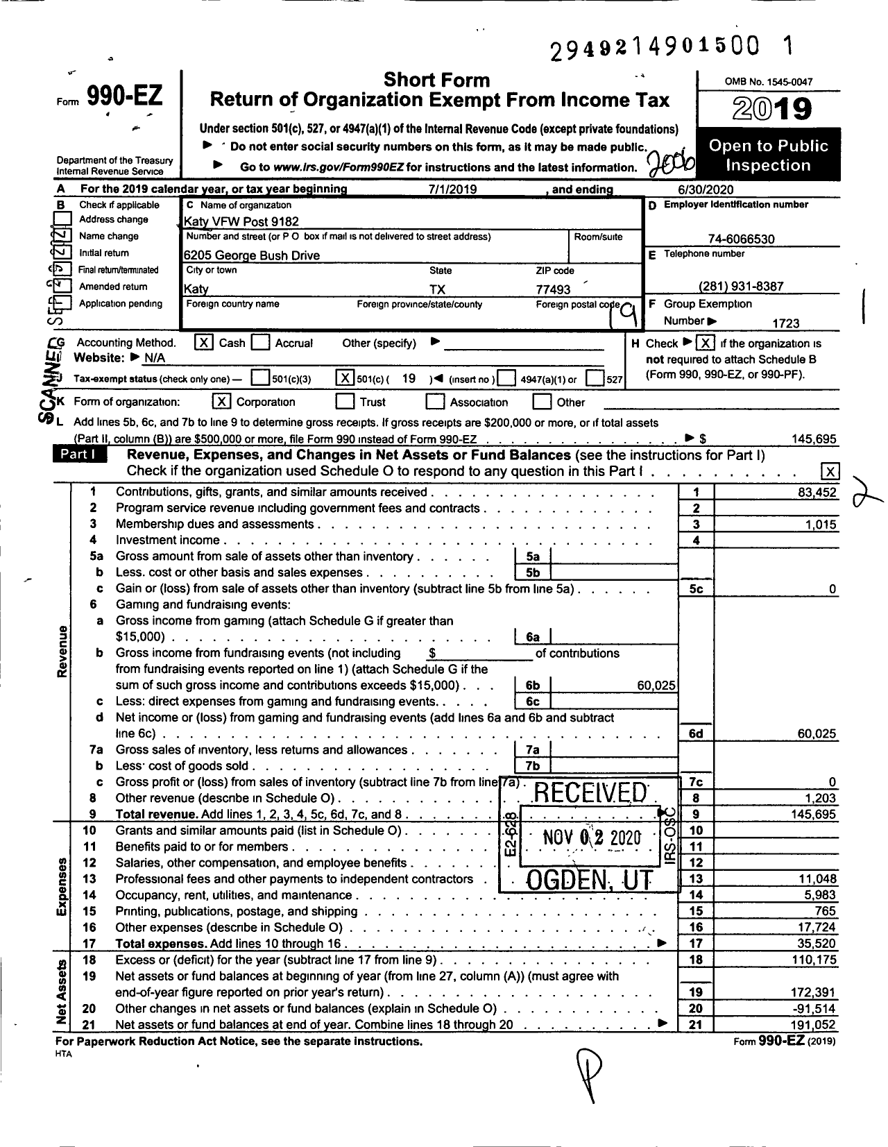 Image of first page of 2019 Form 990EO for Texas VFW - 9182 Floyd E Breedlove