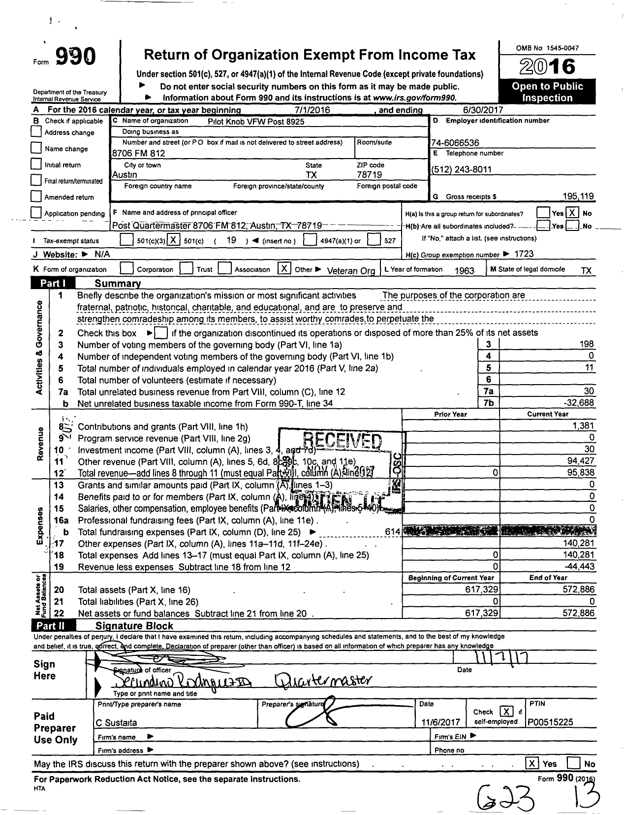 Image of first page of 2016 Form 990O for Texas VFW - VFW Post 8925 Pilot Knob TX