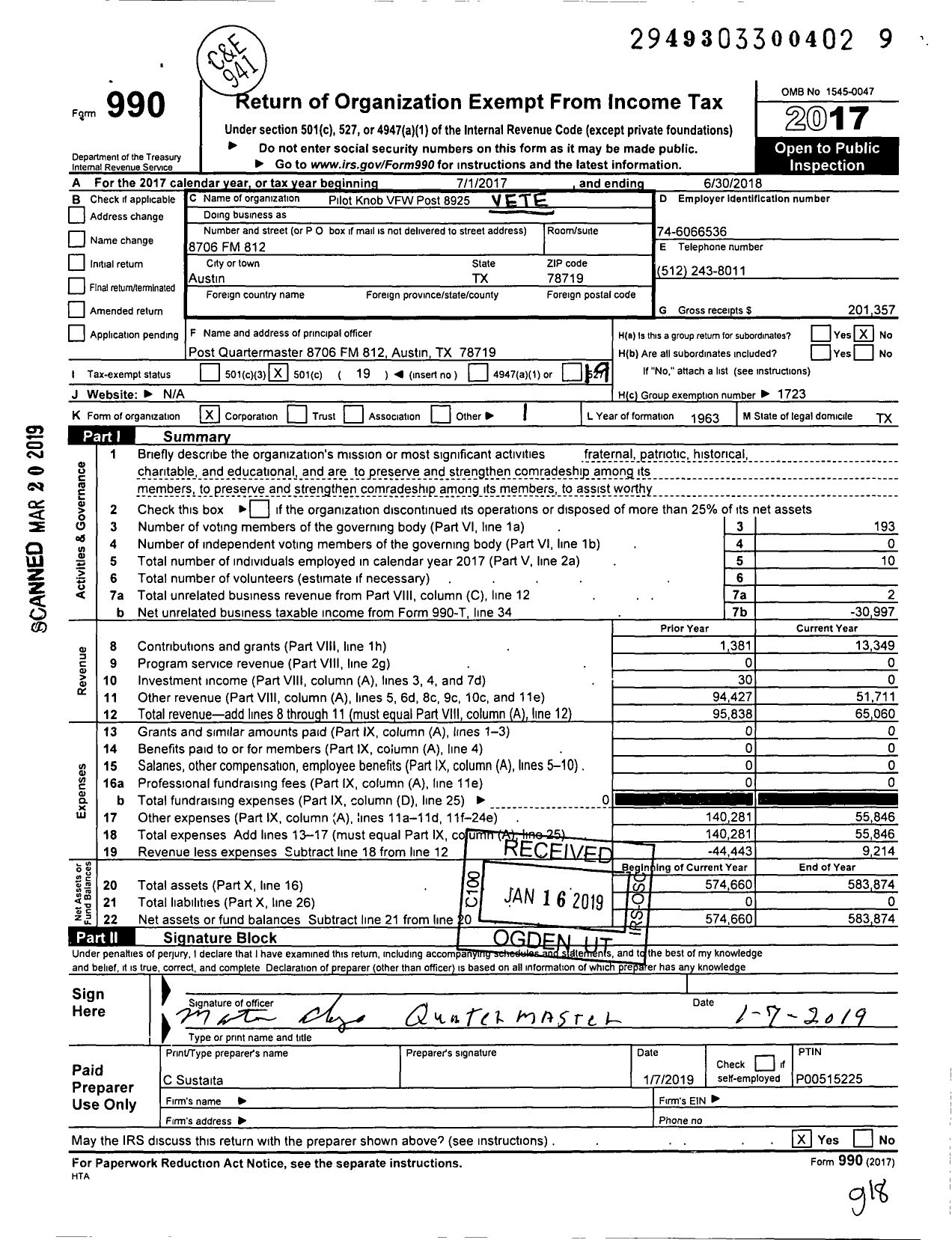 Image of first page of 2017 Form 990O for Texas VFW - VFW Post 8925 Pilot Knob TX