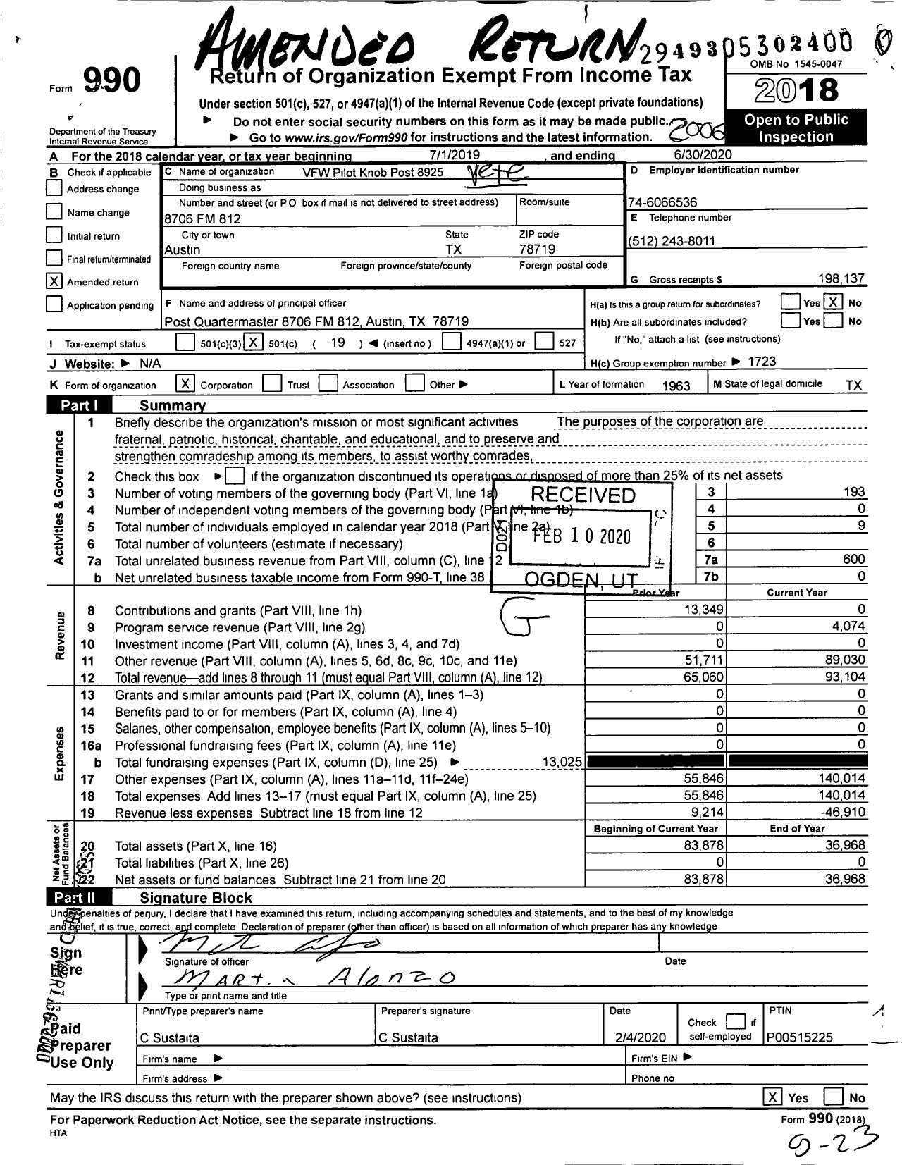 Image of first page of 2019 Form 990O for Texas VFW - VFW Post 8925 Pilot Knob TX