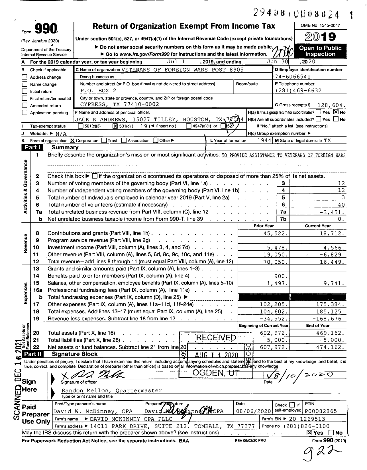 Image of first page of 2019 Form 990O for Veterans of Foreign Wars Post 8905