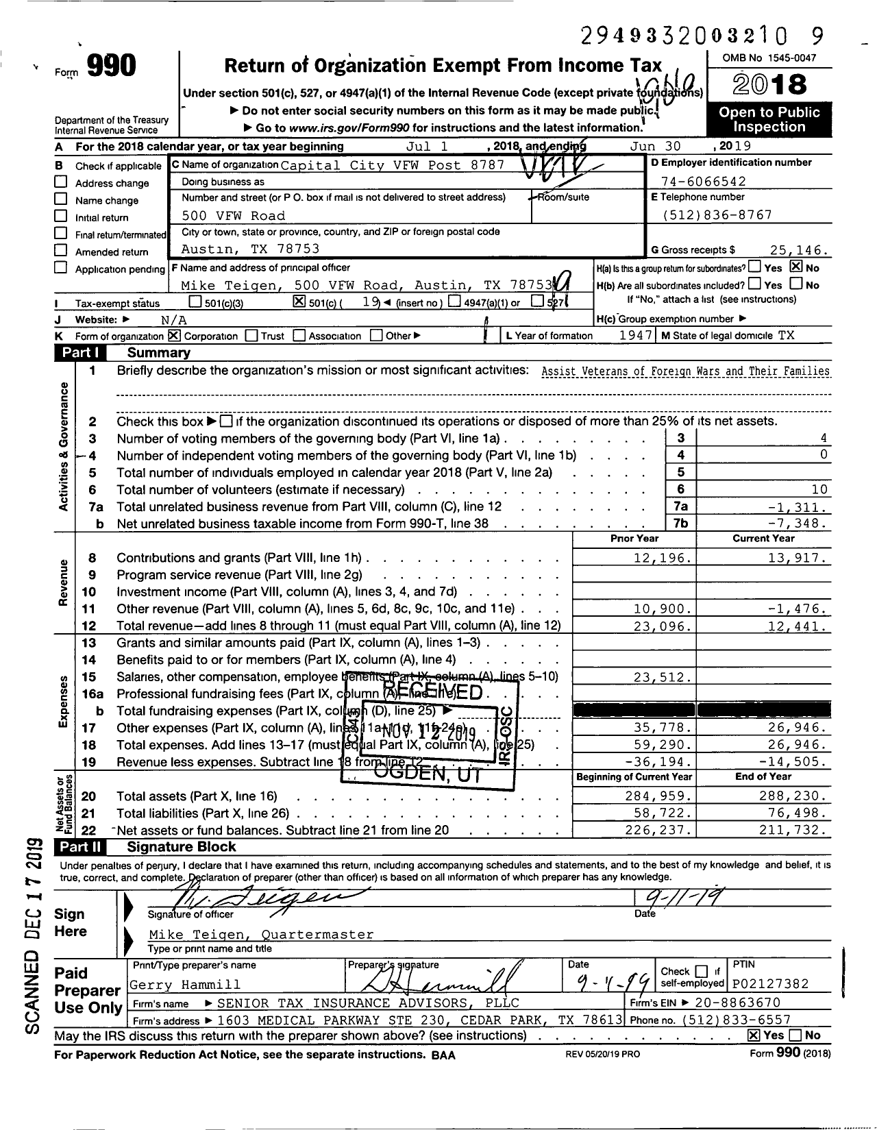 Image of first page of 2018 Form 990O for Texas VFW - Capital City VFW Post 8787