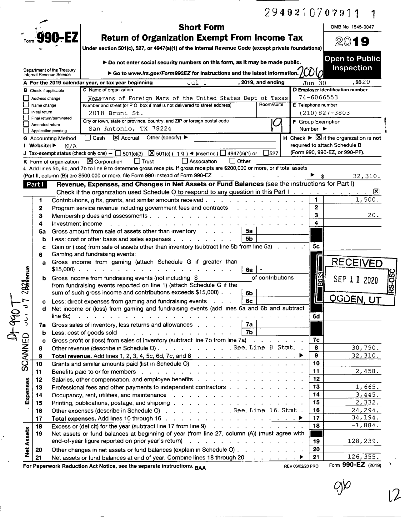 Image of first page of 2019 Form 990EO for Texas VFW - 8397 R E L Bob Willie