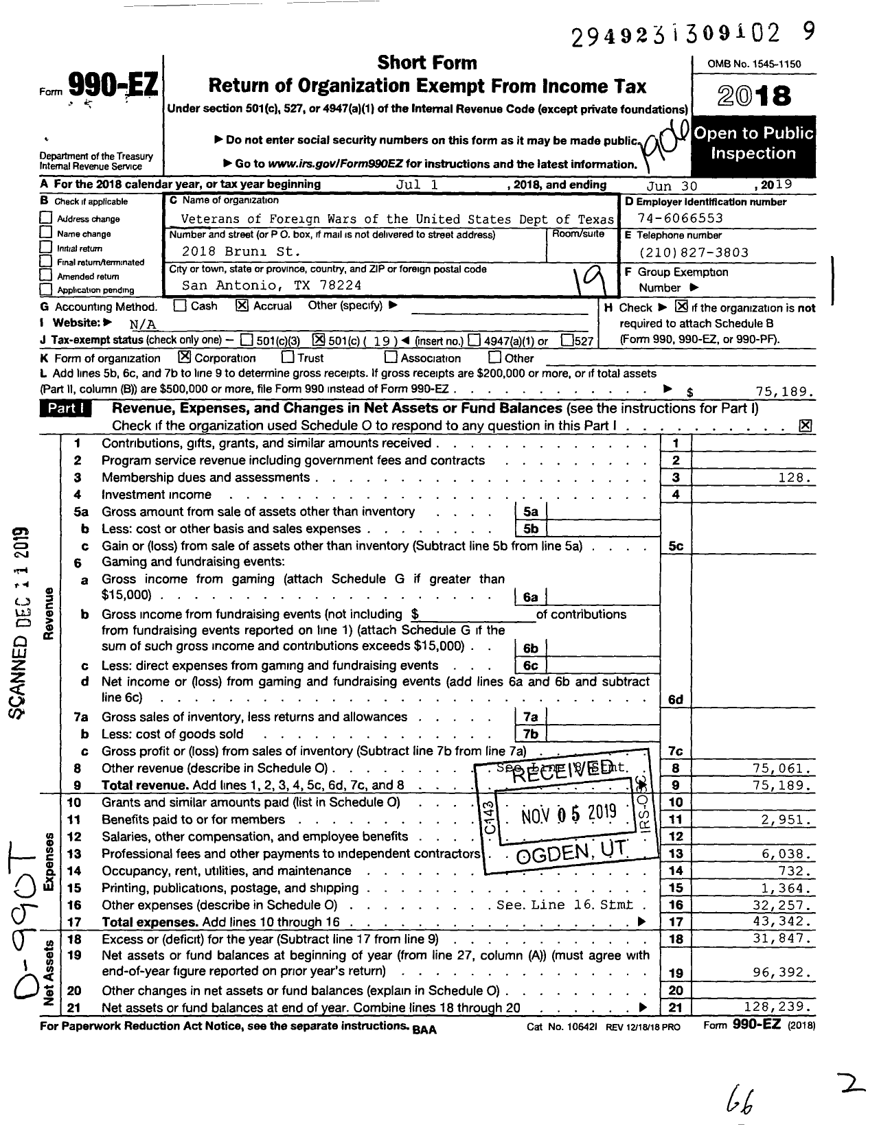 Image of first page of 2018 Form 990EO for Texas VFW - 8397 R E L Bob Willie