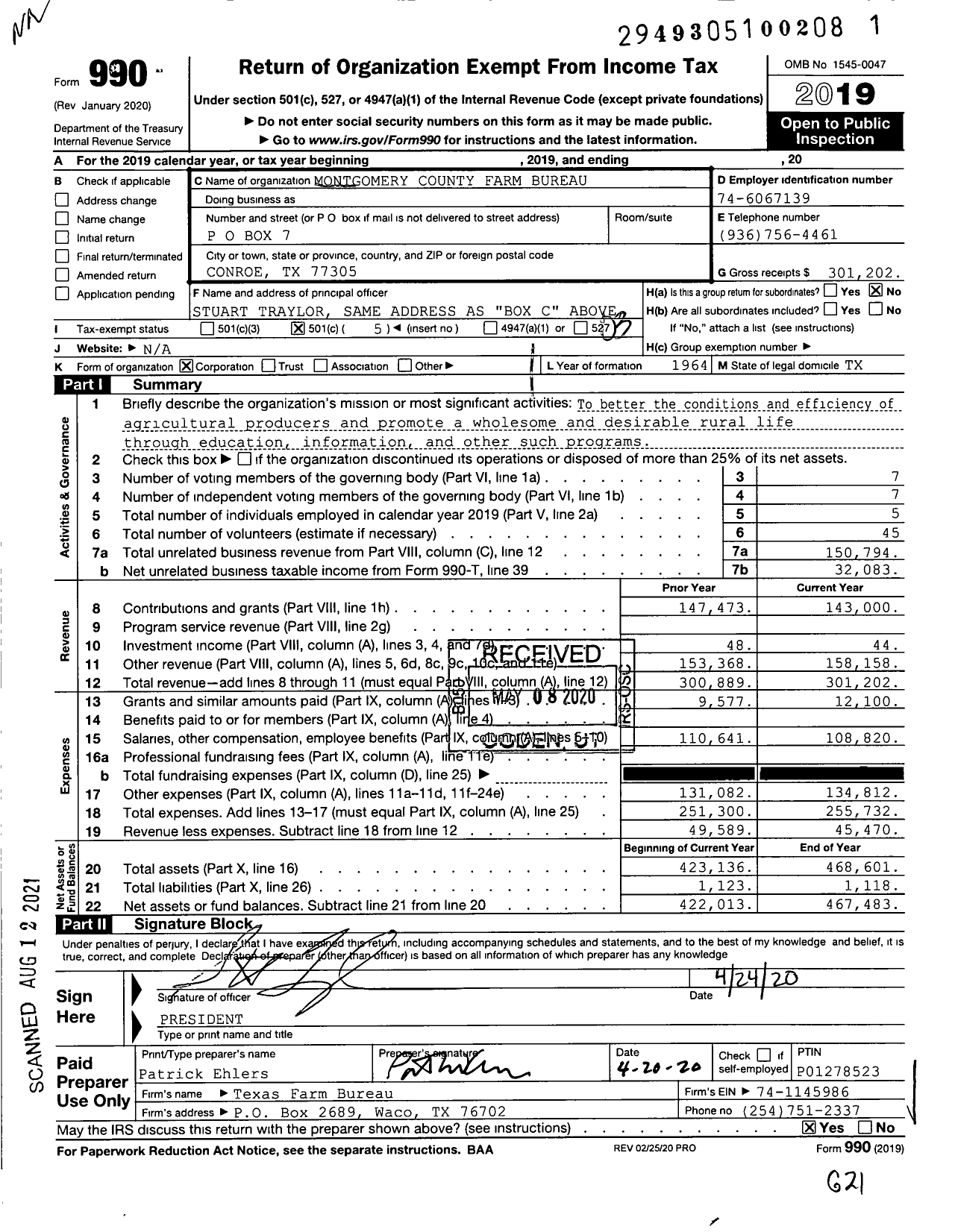 Image of first page of 2019 Form 990 for Montgomery County Farm Bureau