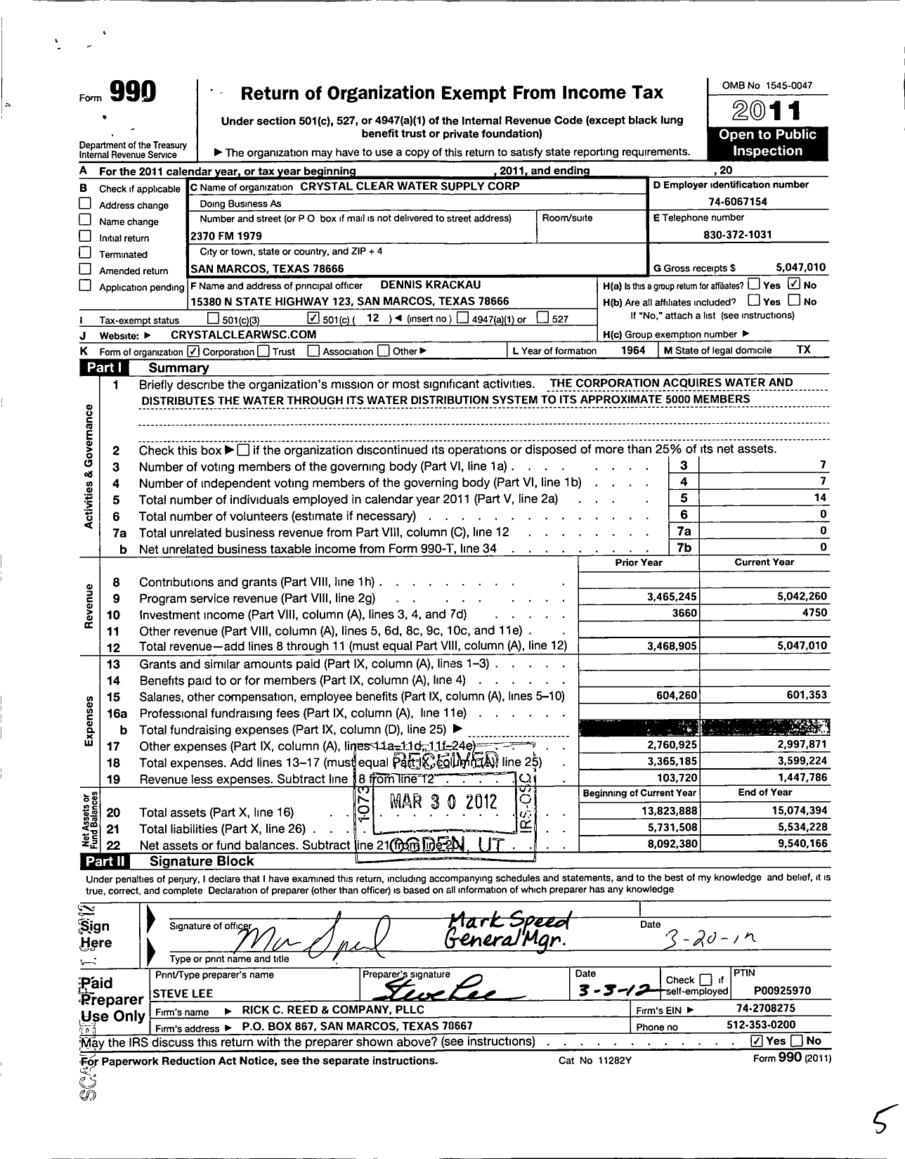 Image of first page of 2011 Form 990O for Crystal Clear Water Supply Corporation