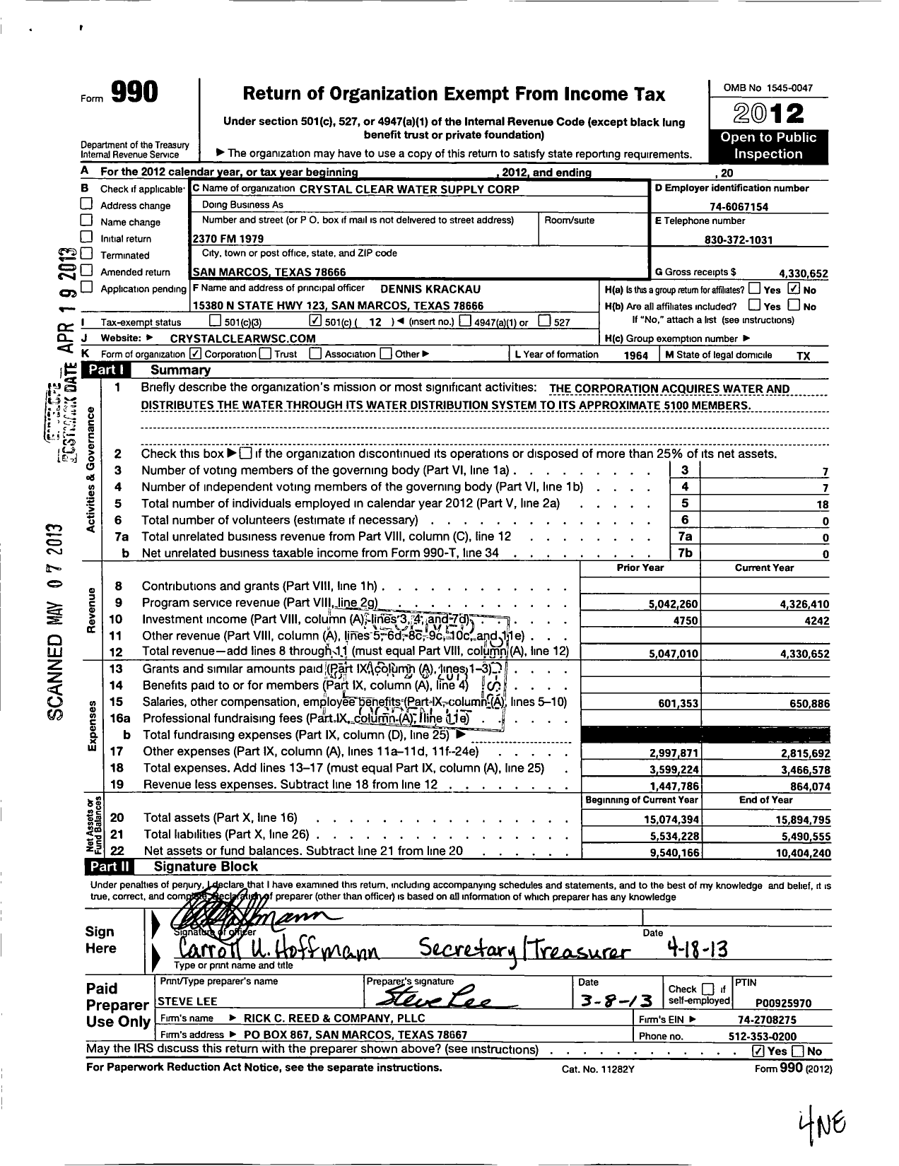 Image of first page of 2012 Form 990O for Crystal Clear Water Supply Corporation