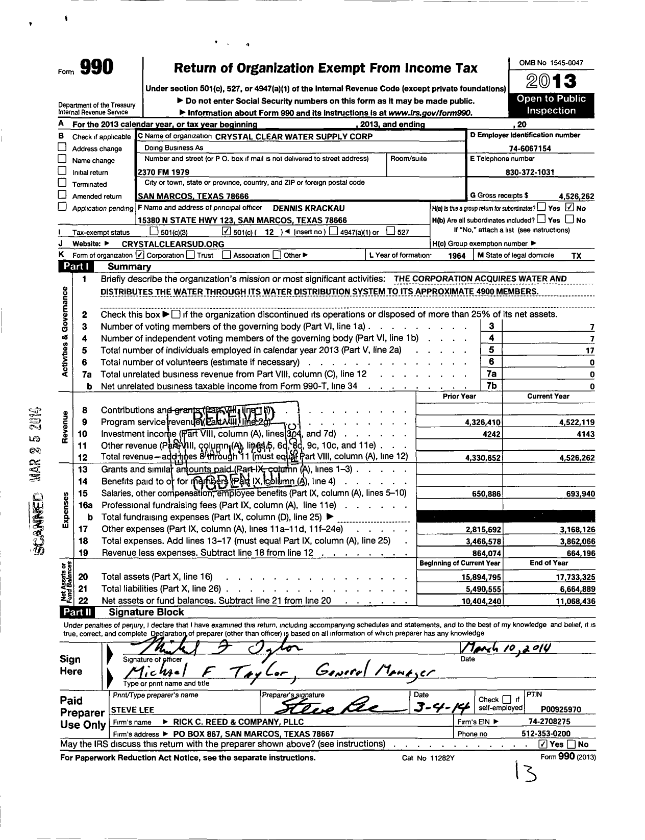 Image of first page of 2013 Form 990O for Crystal Clear Water Supply Corporation