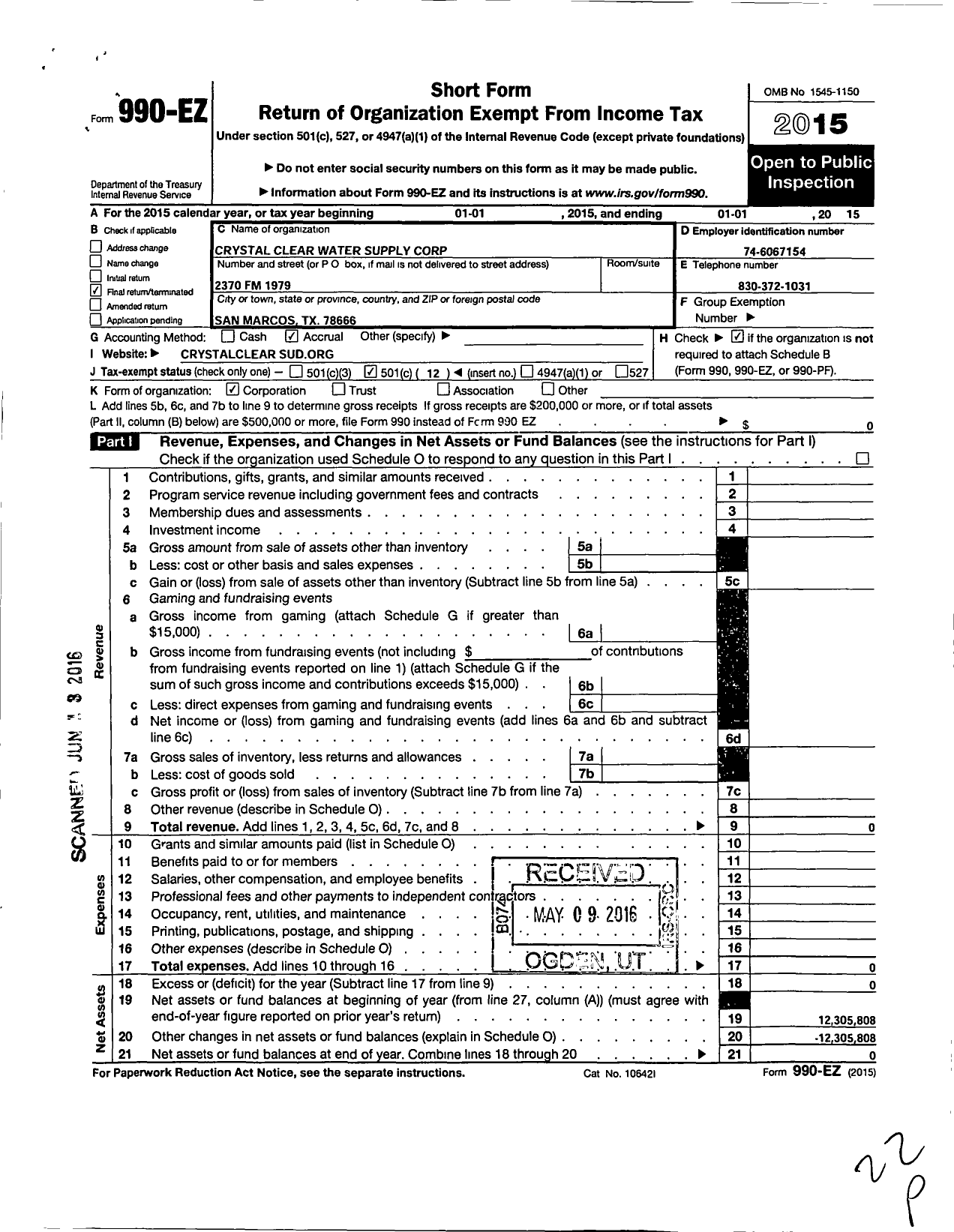 Image of first page of 2014 Form 990EO for Crystal Clear Water Supply Corporation