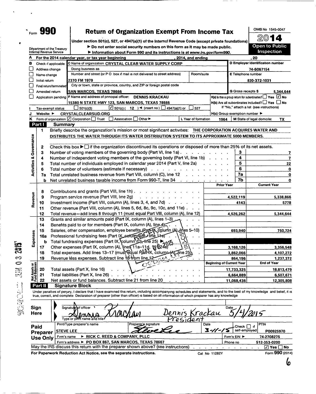 Image of first page of 2014 Form 990O for Crystal Clear Water Supply Corporation