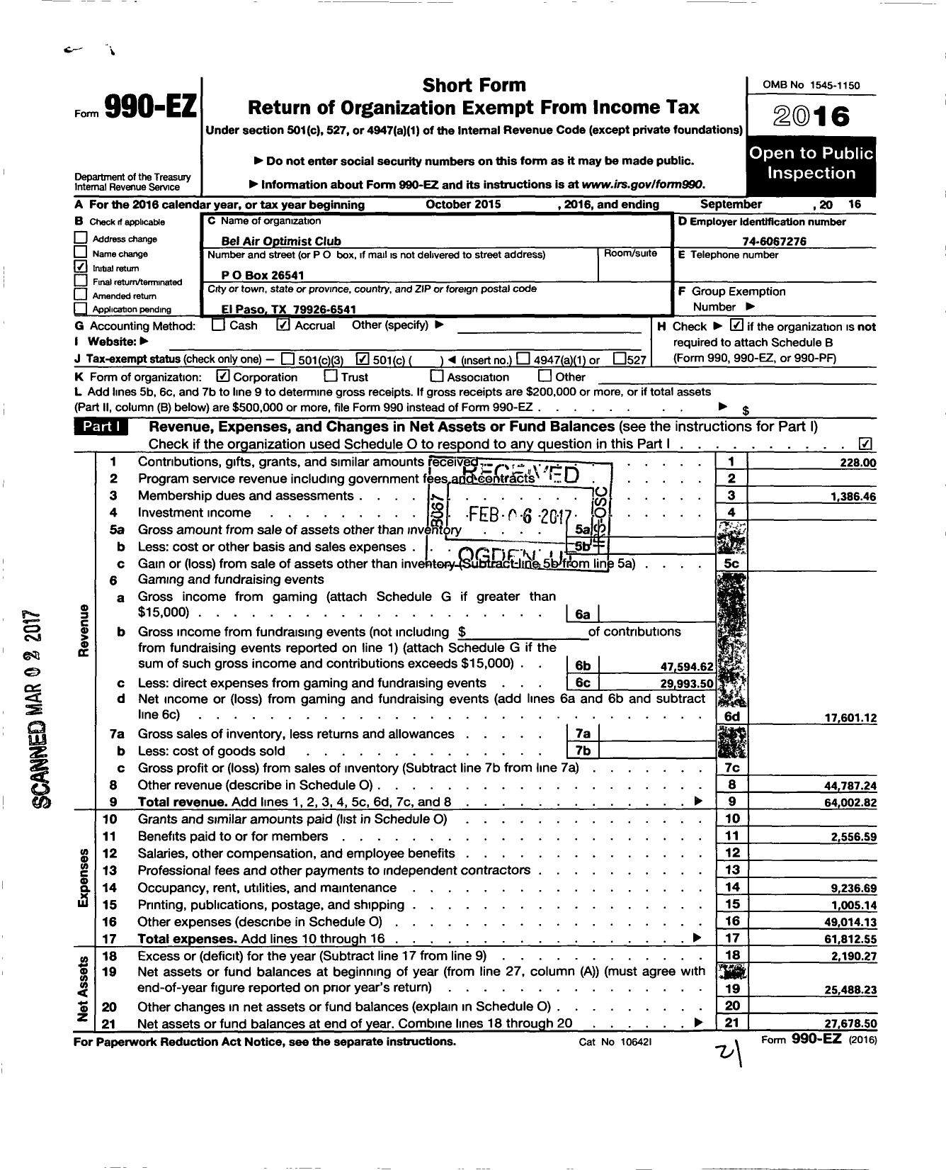 Image of first page of 2015 Form 990EO for Optimist International - 19030 Opti Club of El Paso-Belair T