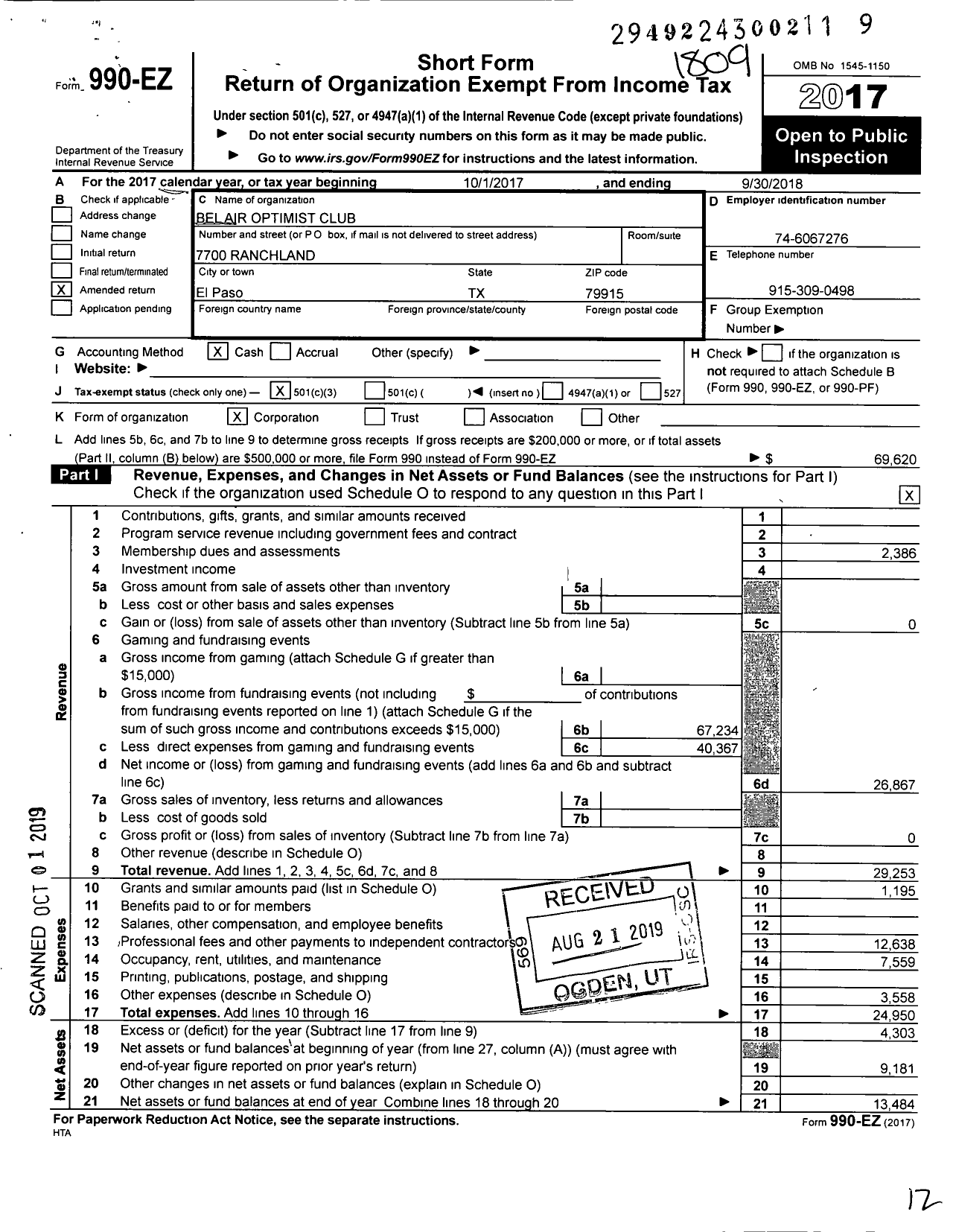 Image of first page of 2017 Form 990EZ for Optimist International - 19030 Opti Club of El Paso-Belair T