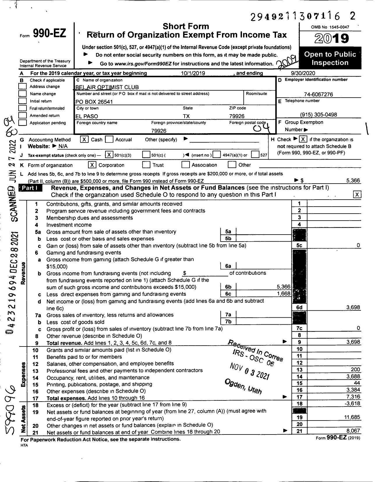 Image of first page of 2019 Form 990EO for Optimist International - 19030 Opti Club of El Paso-Belair T