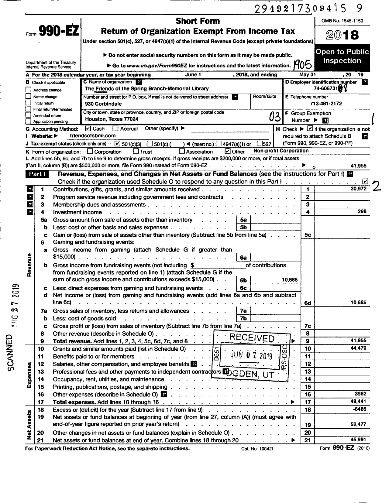 Image of first page of 2018 Form 990EZ for Friends of the Spring Branch Memorial Library