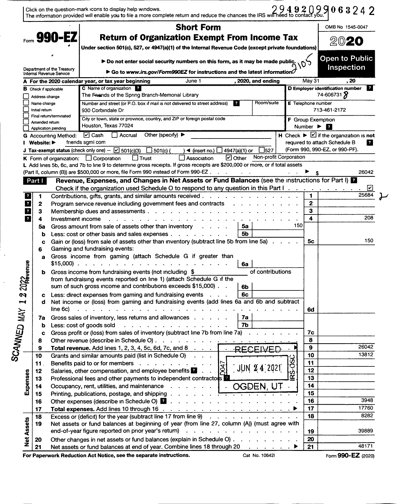 Image of first page of 2020 Form 990EZ for Friends of the Spring Branch Memorial Library