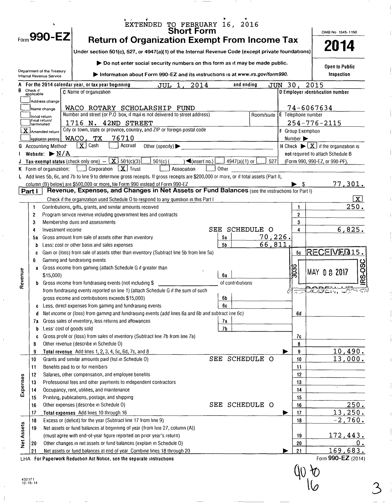 Image of first page of 2014 Form 990EZ for Waco Rotary Scholarship Fund