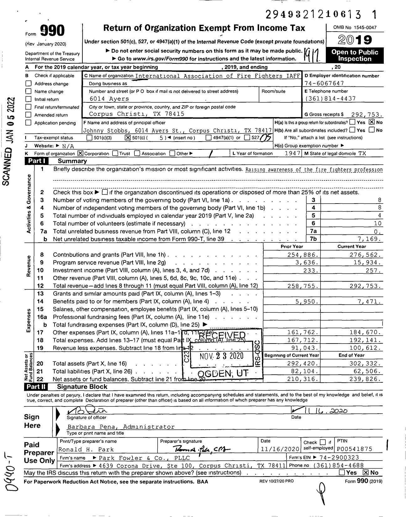 Image of first page of 2019 Form 990O for International Association of Fire Fighters - 0936l Corpus Christi