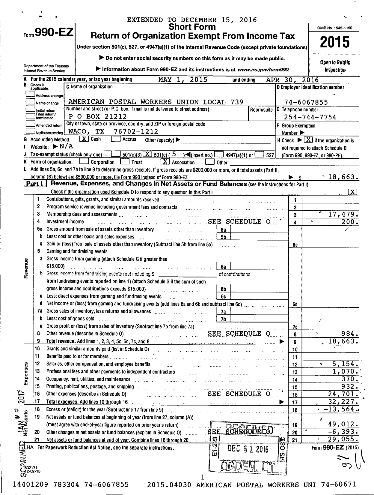 Image of first page of 2015 Form 990EO for American Postal Workers Union