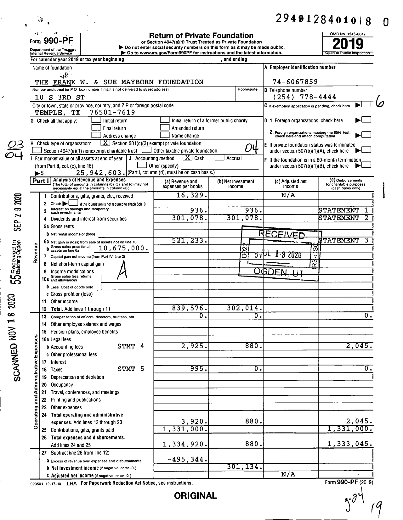Image of first page of 2019 Form 990PF for The Frank W and Sue Mayborn Foundation