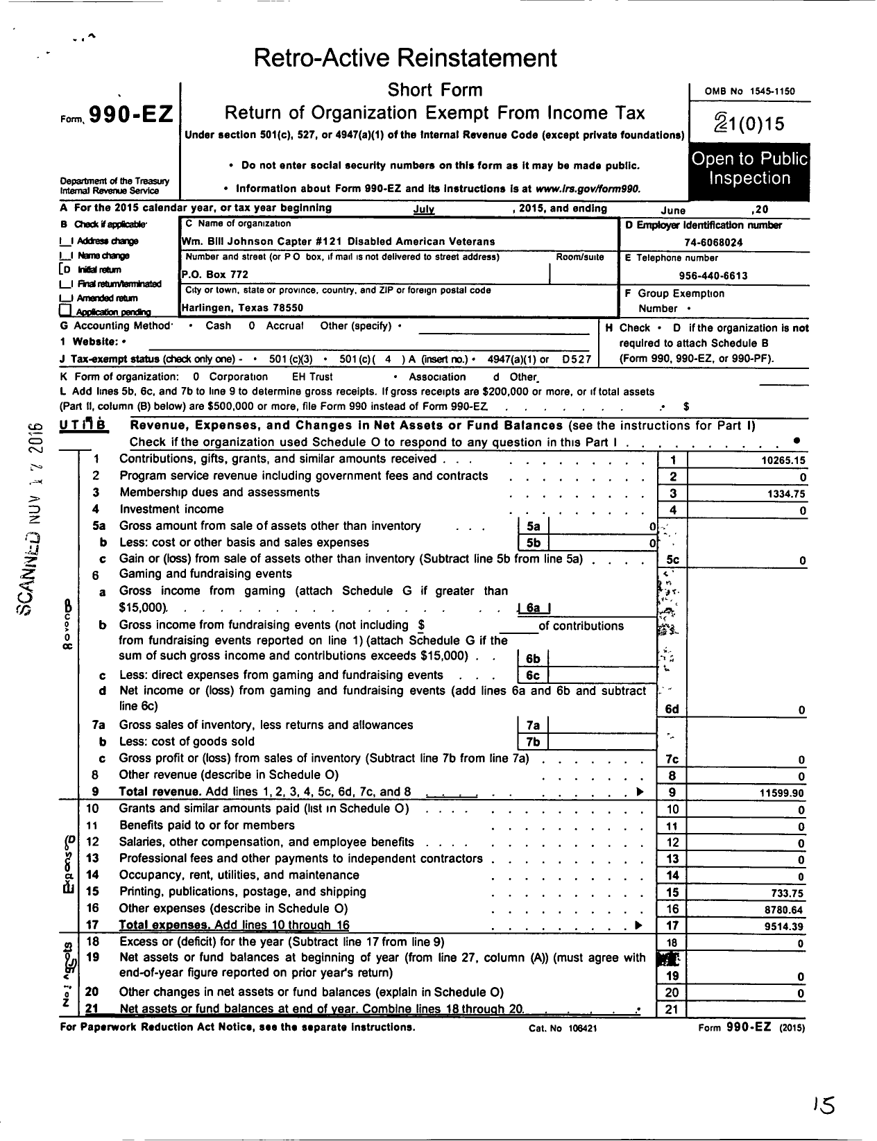 Image of first page of 2014 Form 990EO for Disabled American Veterans - 121 WM Bill Johnson