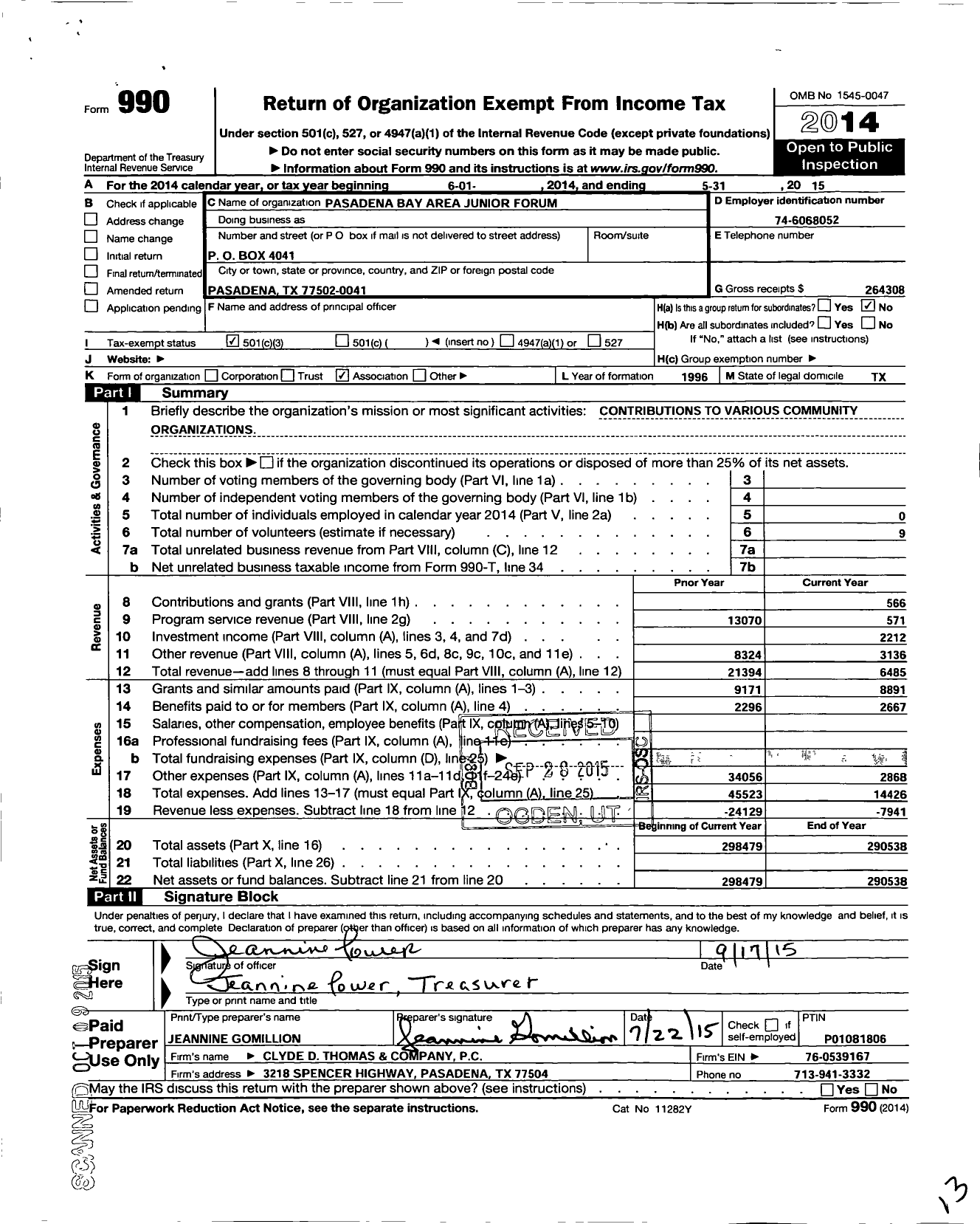 Image of first page of 2014 Form 990 for Pasadena Bay Area Junior Forum