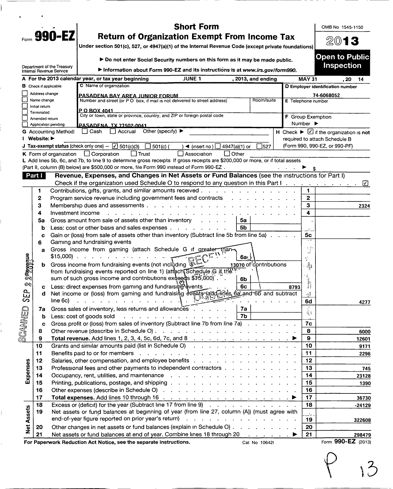 Image of first page of 2013 Form 990EZ for Pasadena Bay Area Junior Forum