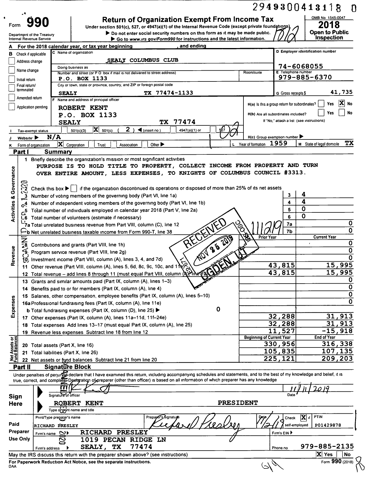 Image of first page of 2018 Form 990O for Sealy Columbus Club