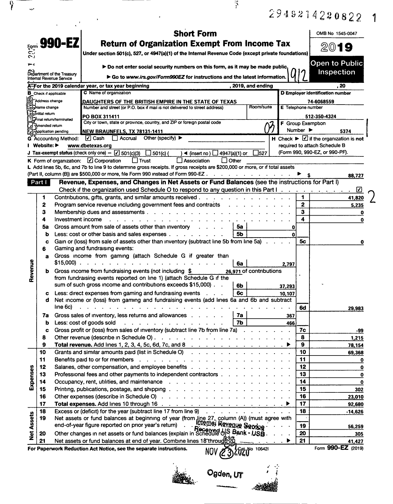 Image of first page of 2019 Form 990EZ for NATIONAL SOCIETY DAUGHTERS OF THE BRITISH EMPIRE in TEH UNITED State