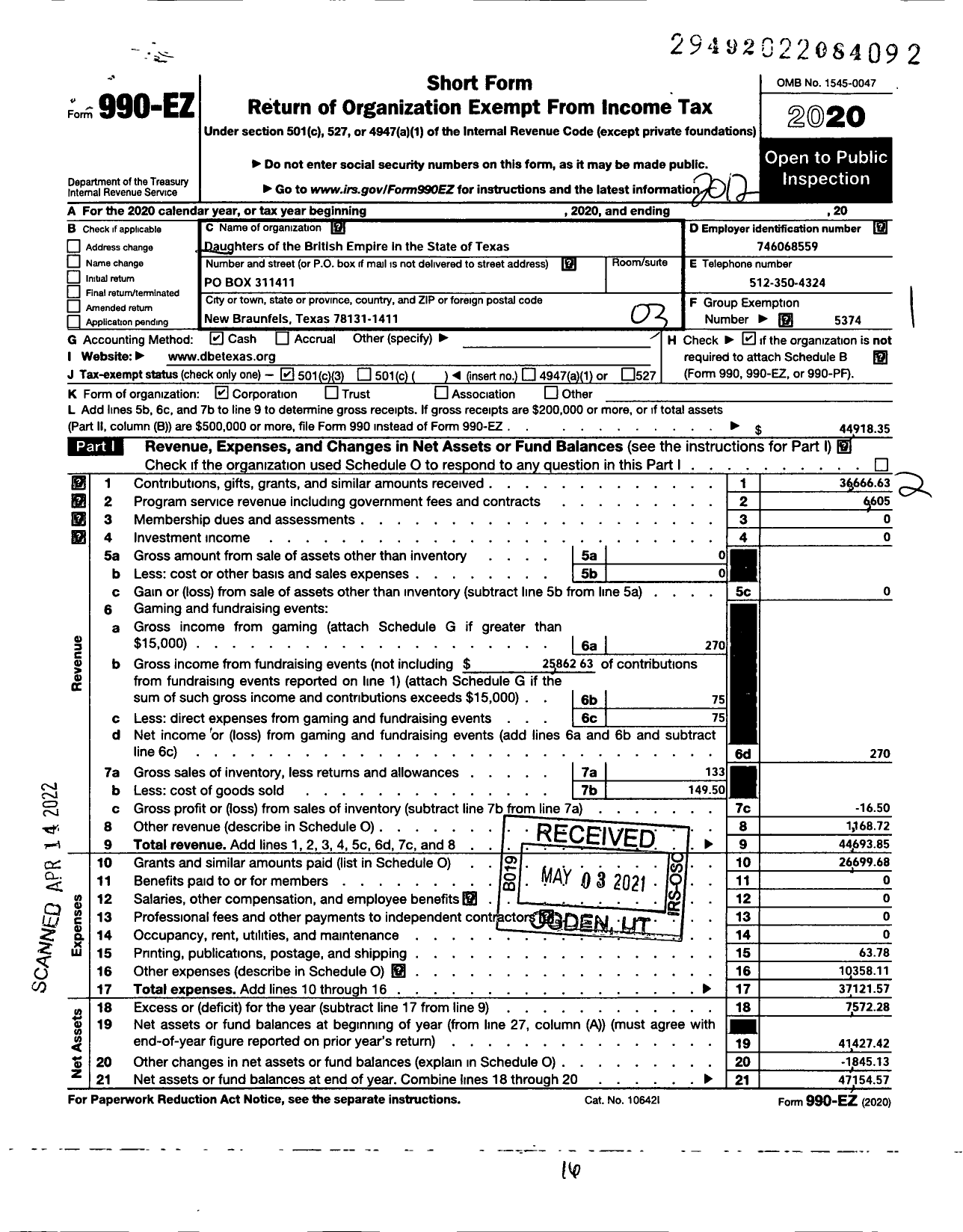 Image of first page of 2020 Form 990EZ for NATIONAL SOCIETY DAUGHTERS OF THE BRITISH EMPIRE in TEH UNITED State