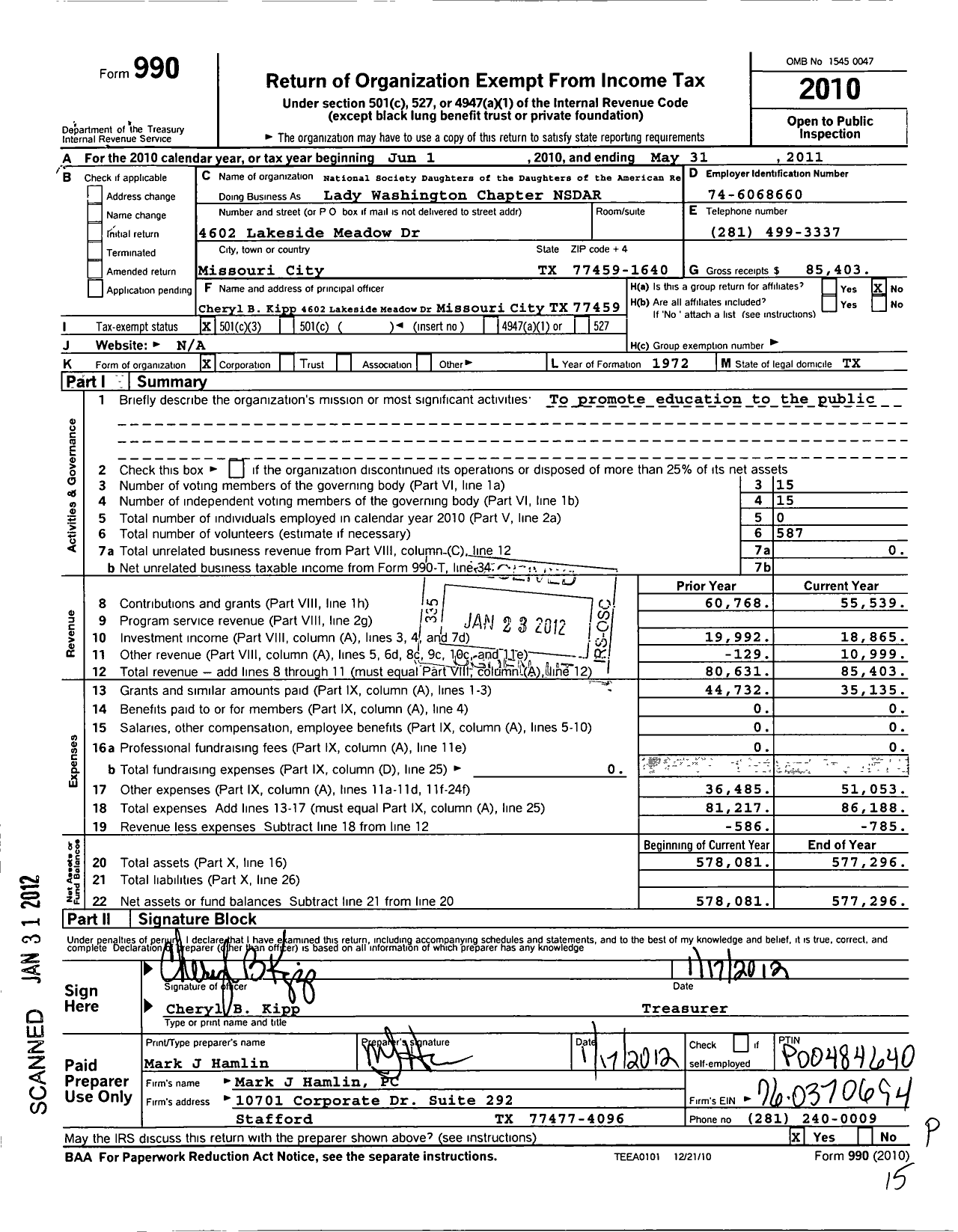 Image of first page of 2010 Form 990 for Daughters of the American Revolution - Lady Washington Chapter NSDAR