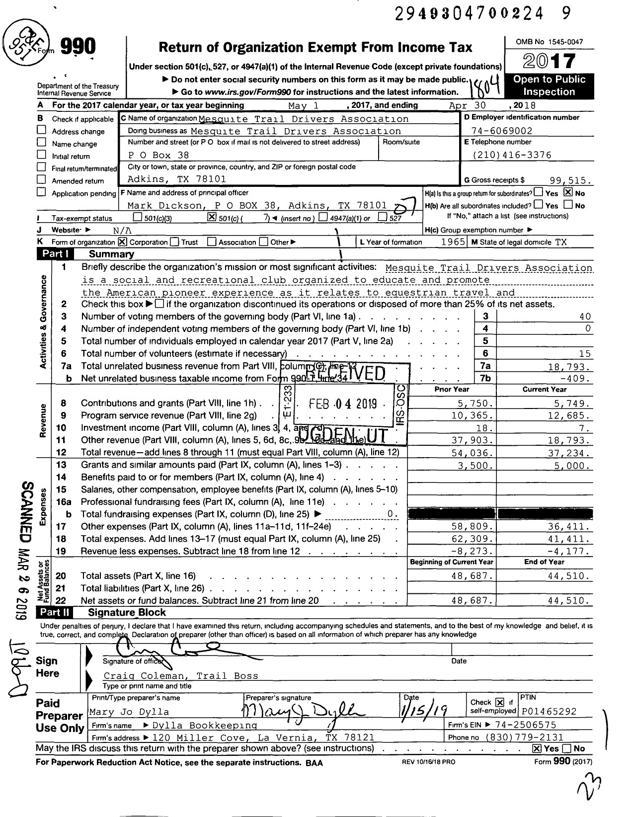 Image of first page of 2017 Form 990O for Mesquite Trail Drivers Association