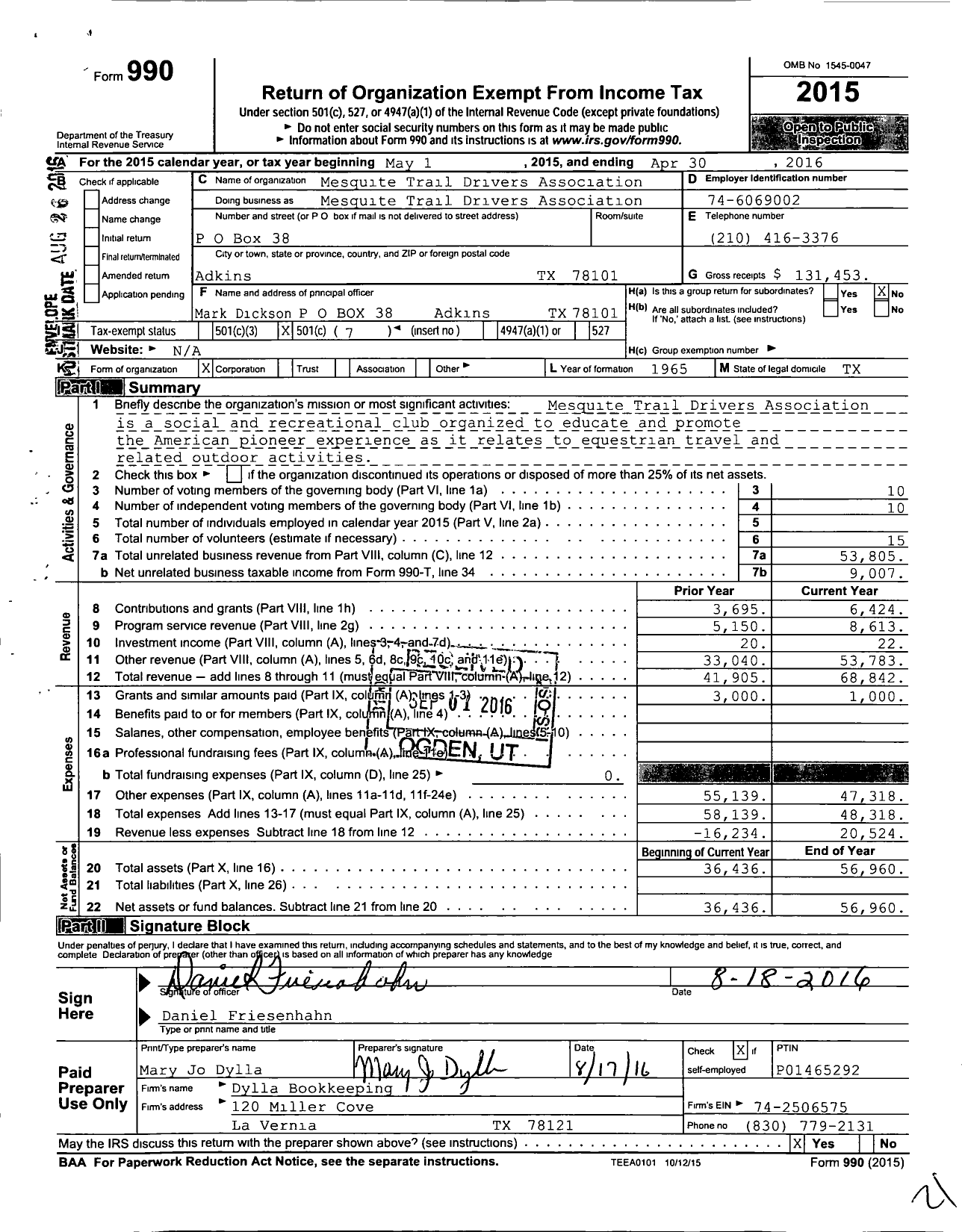 Image of first page of 2015 Form 990O for Mesquite Trail Drivers Association