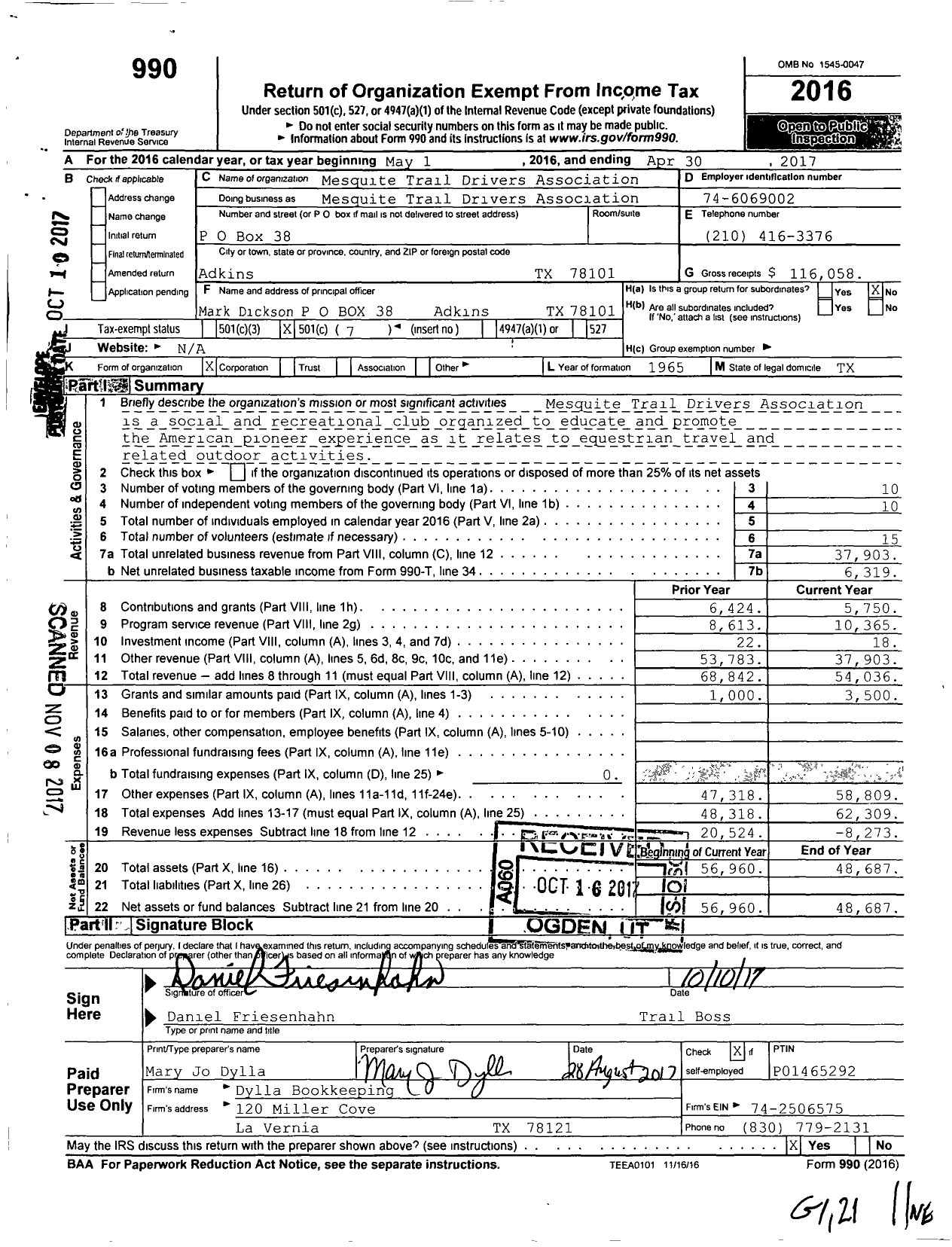 Image of first page of 2016 Form 990O for Mesquite Trail Drivers Association