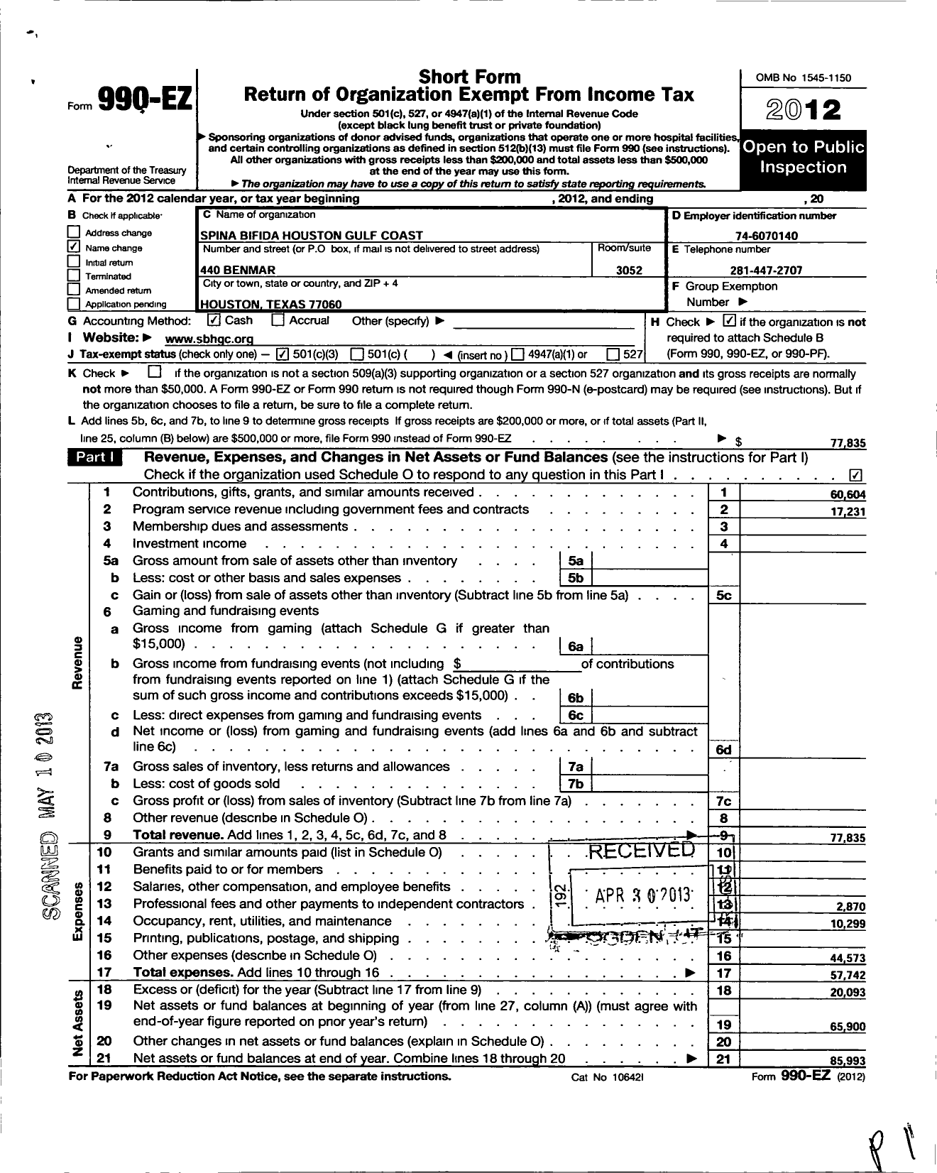 Image of first page of 2012 Form 990EZ for Spina Bifida Houston Gulf Coast