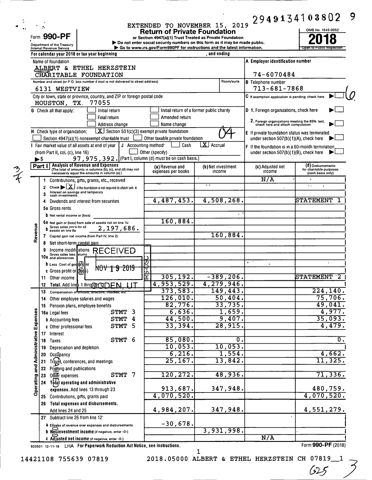 Image of first page of 2018 Form 990PF for Albert and Ethel Herzstein Charitable Foundation