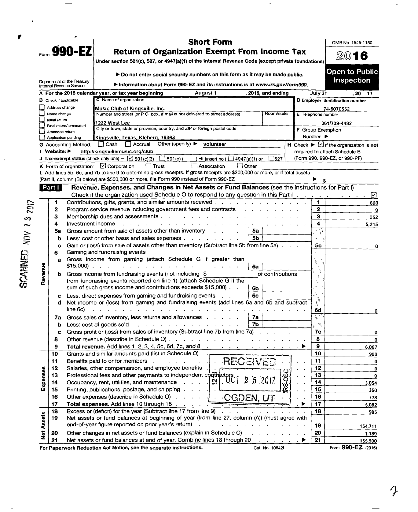Image of first page of 2016 Form 990EZ for Music Club of Kingsville