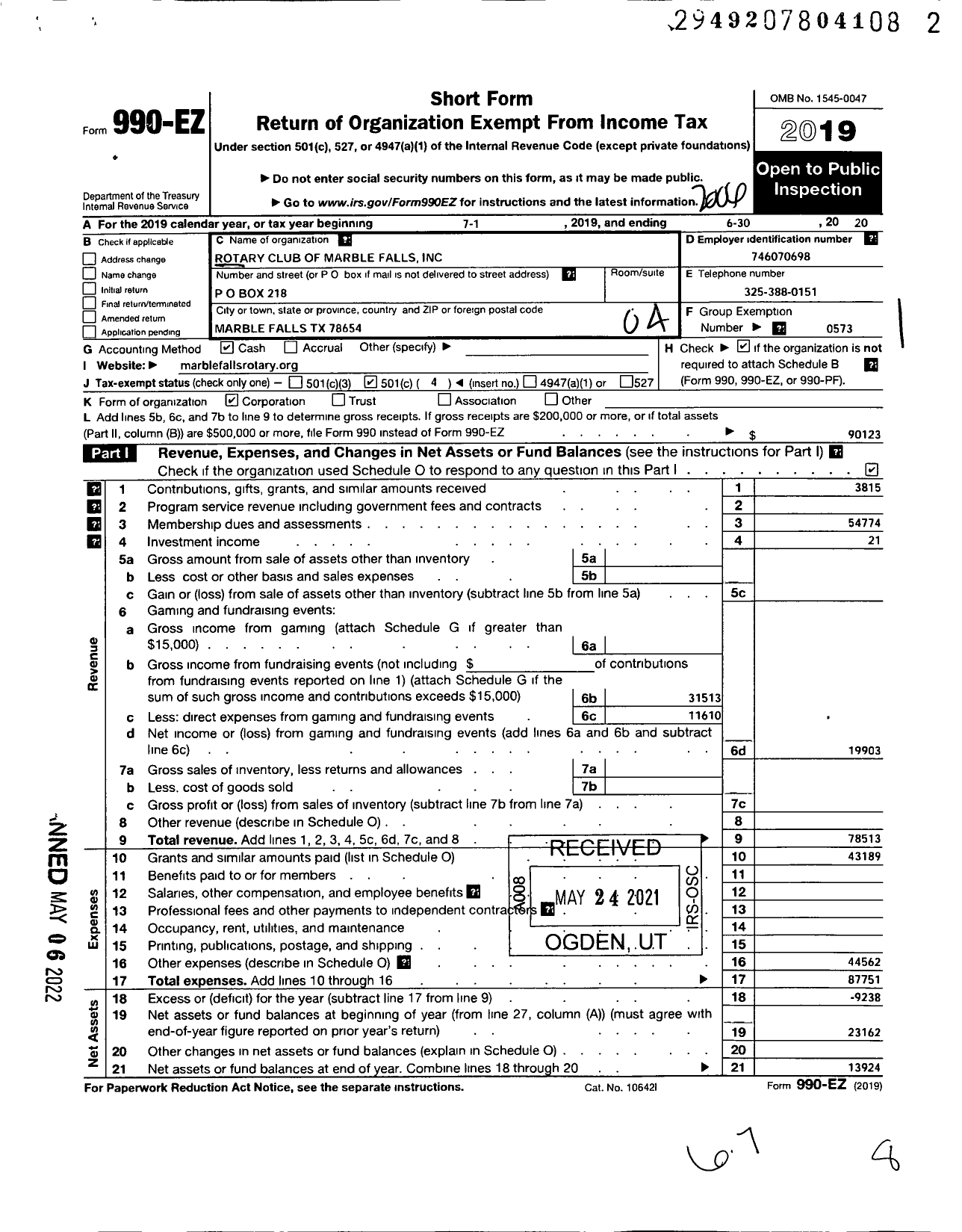 Image of first page of 2019 Form 990EO for Rotary International - Marble Falls