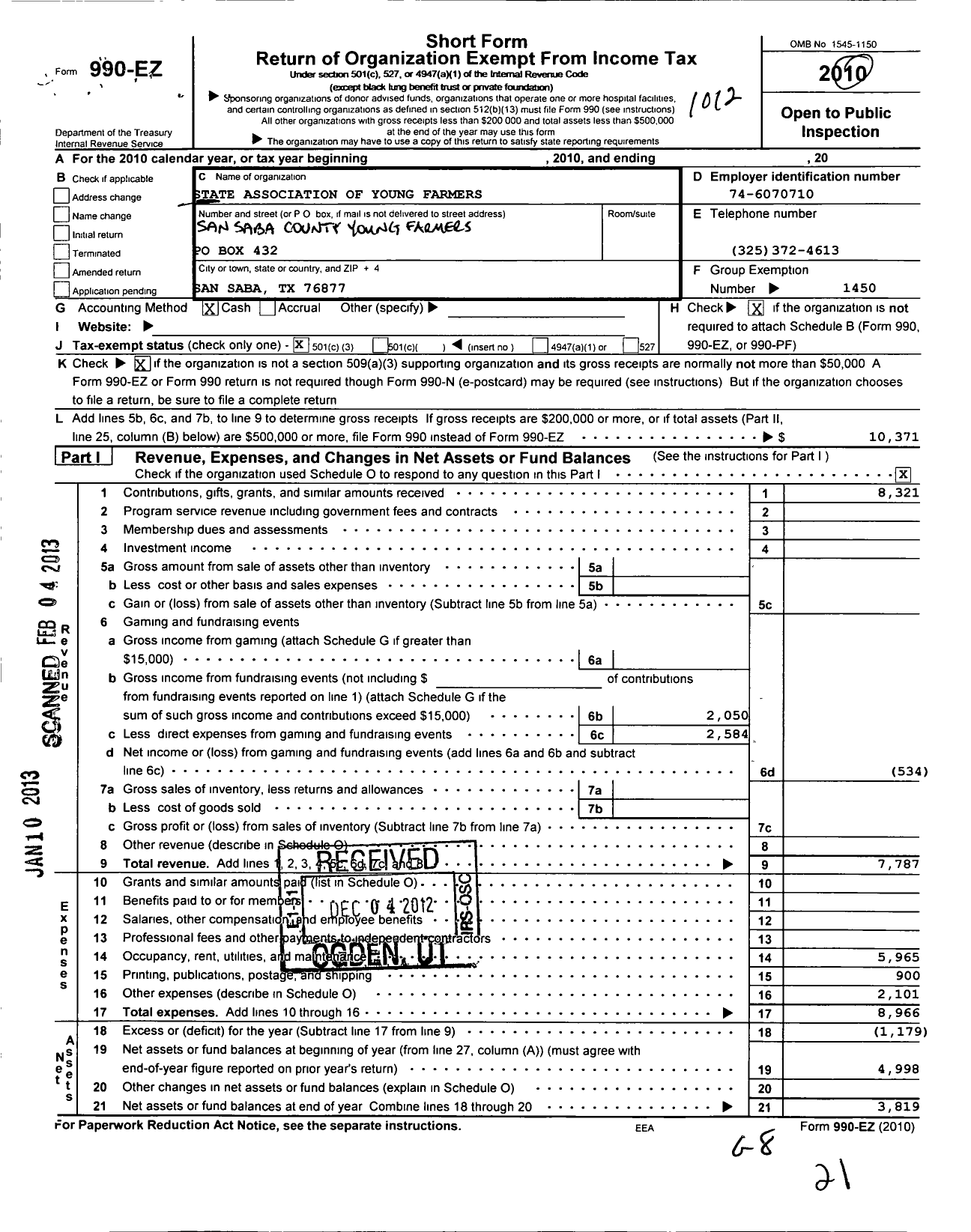 Image of first page of 2010 Form 990EZ for State Association of Young Farmers of Texas / San Saba County Young Farmers