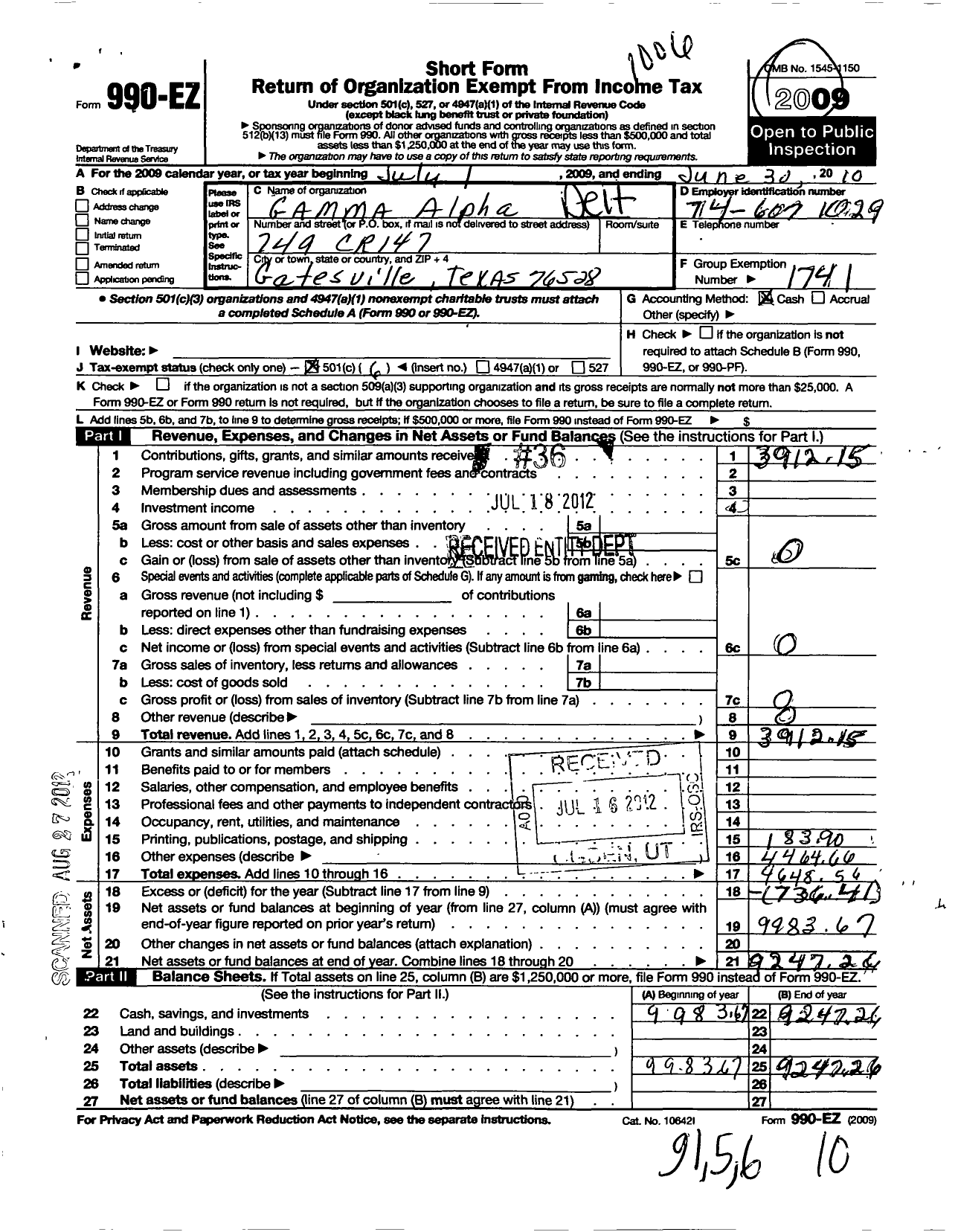 Image of first page of 2009 Form 990EO for Delta Kappa Gamma Society - TX Gamma Alpha Chapter