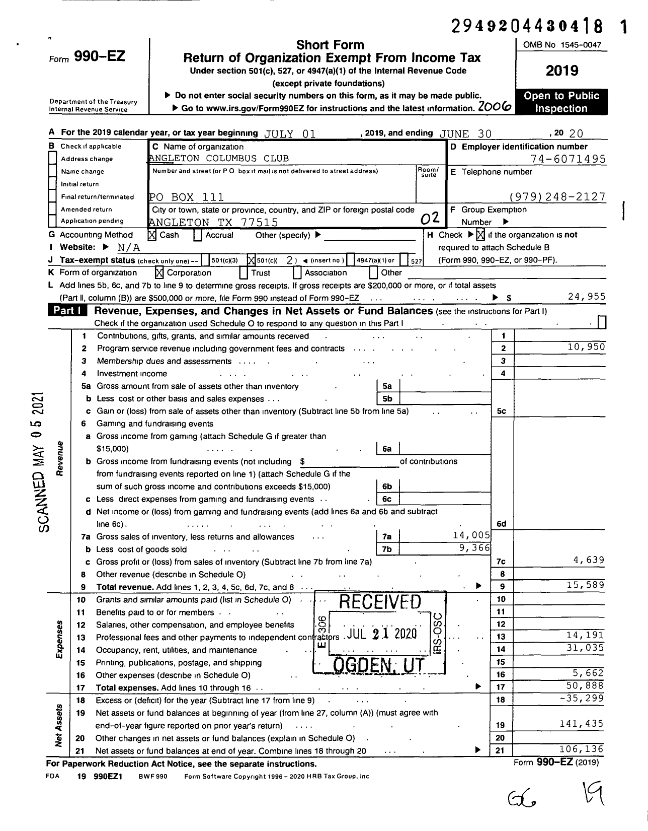 Image of first page of 2019 Form 990EO for Angleton Columbus Club