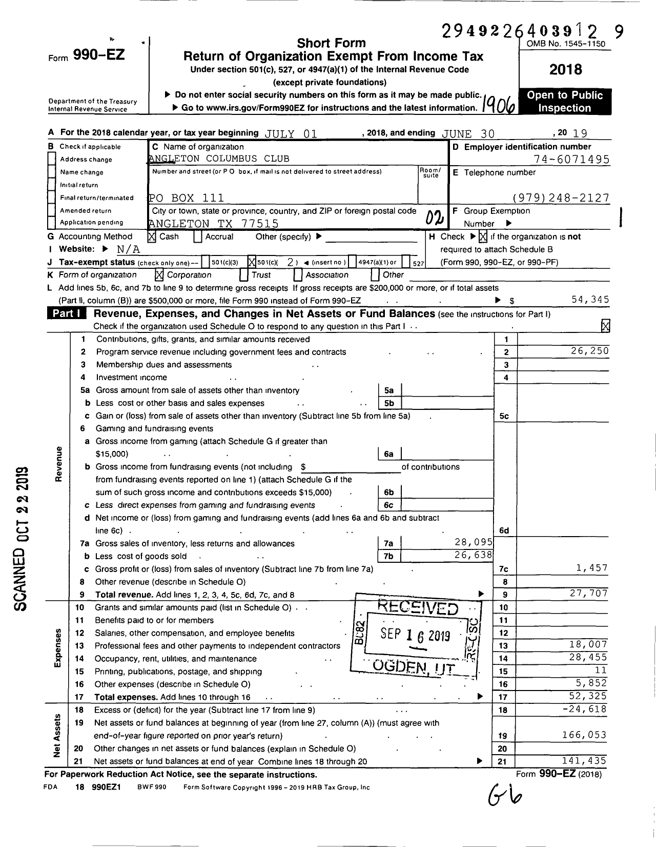 Image of first page of 2018 Form 990EO for Angleton Columbus Club